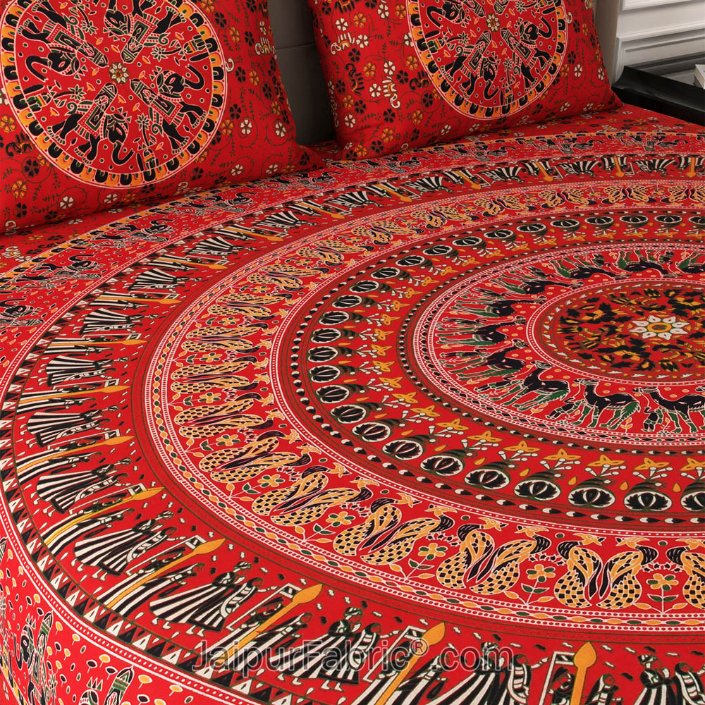 Red Shahi Barat Mandala Cotton Double Bedsheet