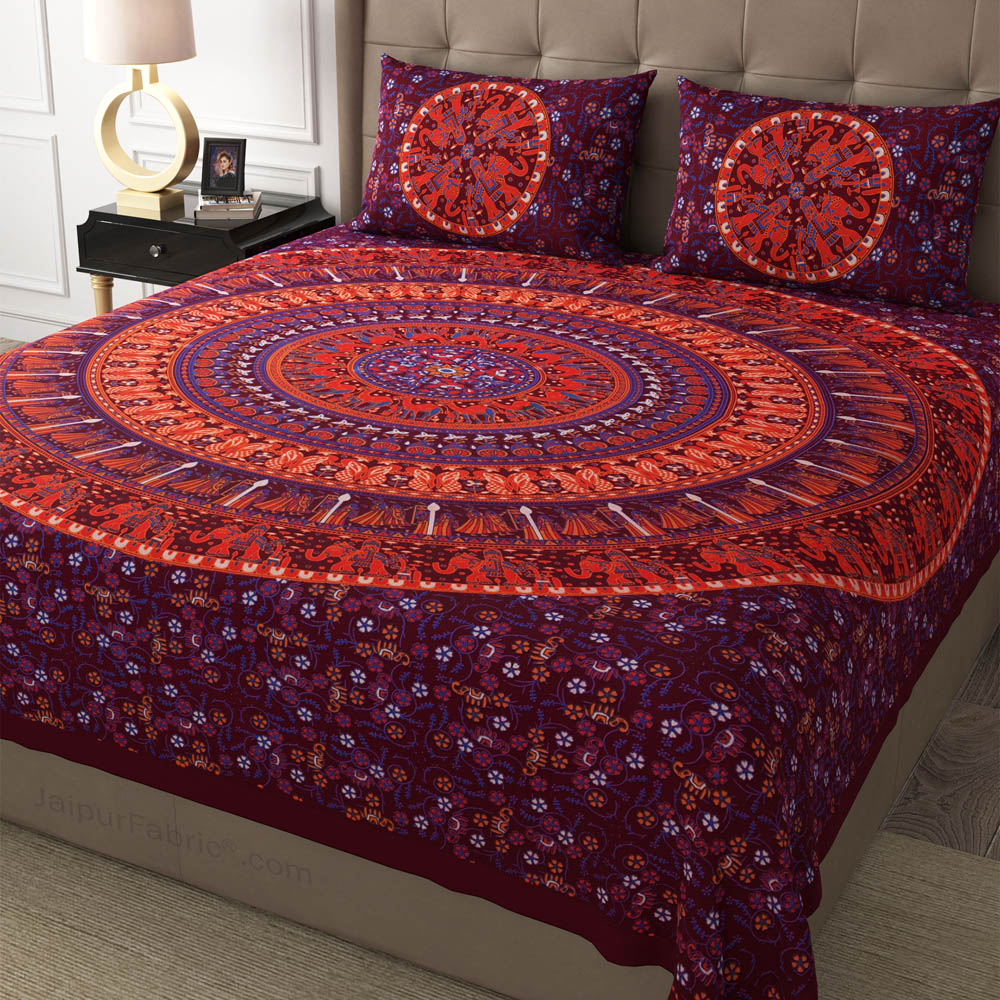 Maroon Shahi Barat Mandala Cotton Double Bedsheet