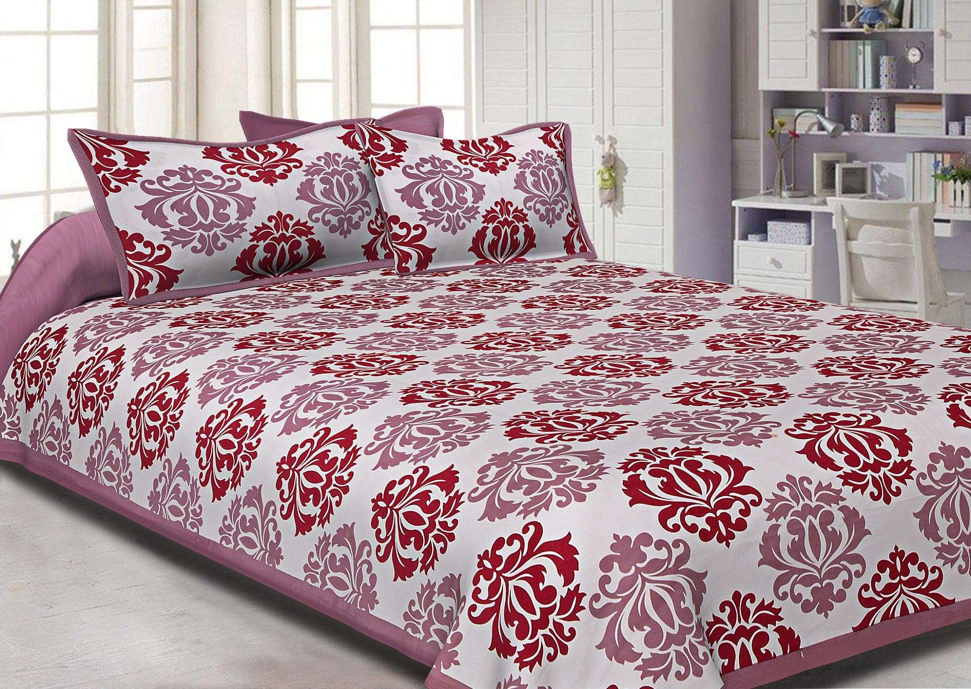 White Base Maroon Designer Cotton Double Bed Sheet