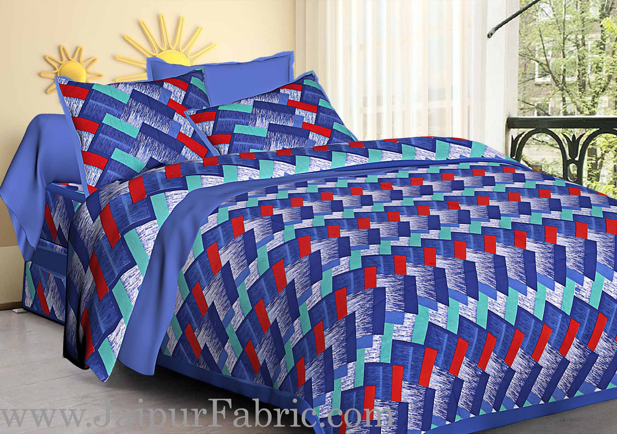 Blue  Border Zig-Zag Pattern Cotton Satin Double Bed Sheet