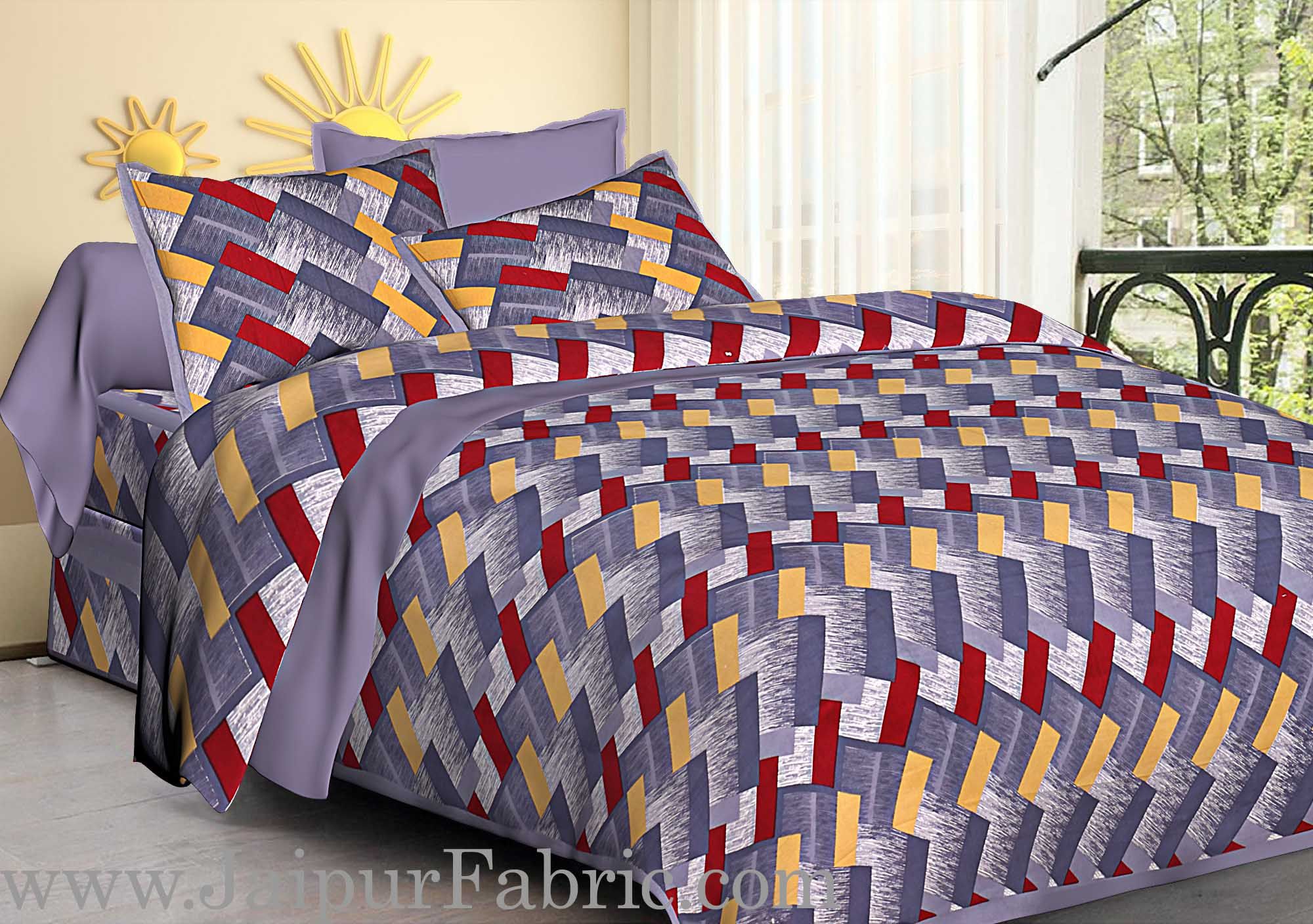 Gray  Border Zig-Zag Pattern Cotton Satin Double Bed Sheet