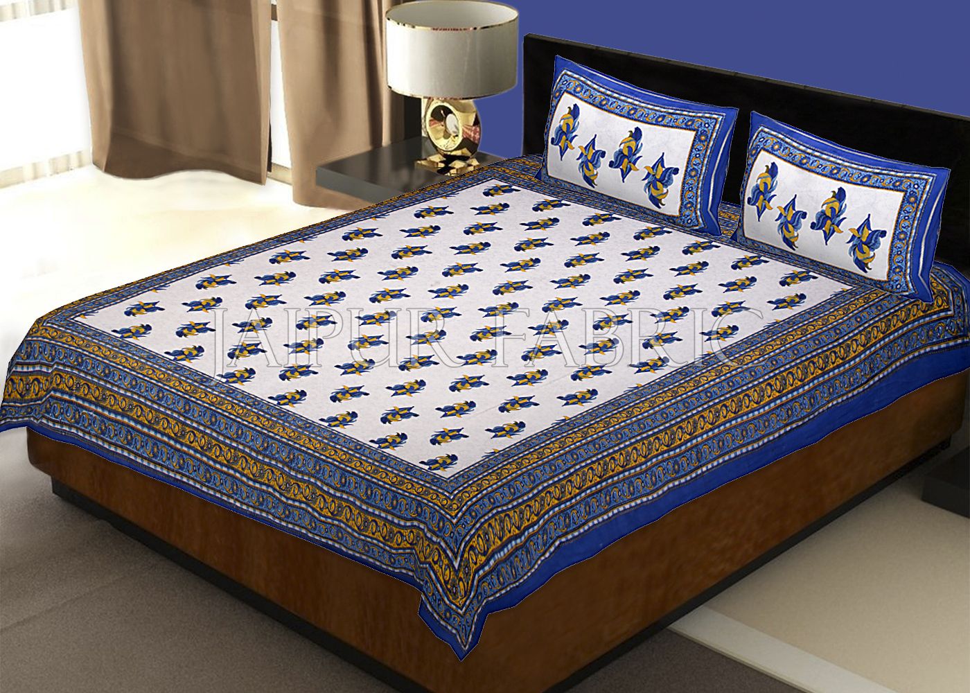 Blue Border Rajasthani Bel Design Cotton Double Bed Sheet