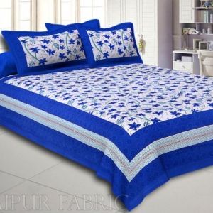 Royal Blue Border Grapes Pattern Screen Print Cotton Double Bed Sheet