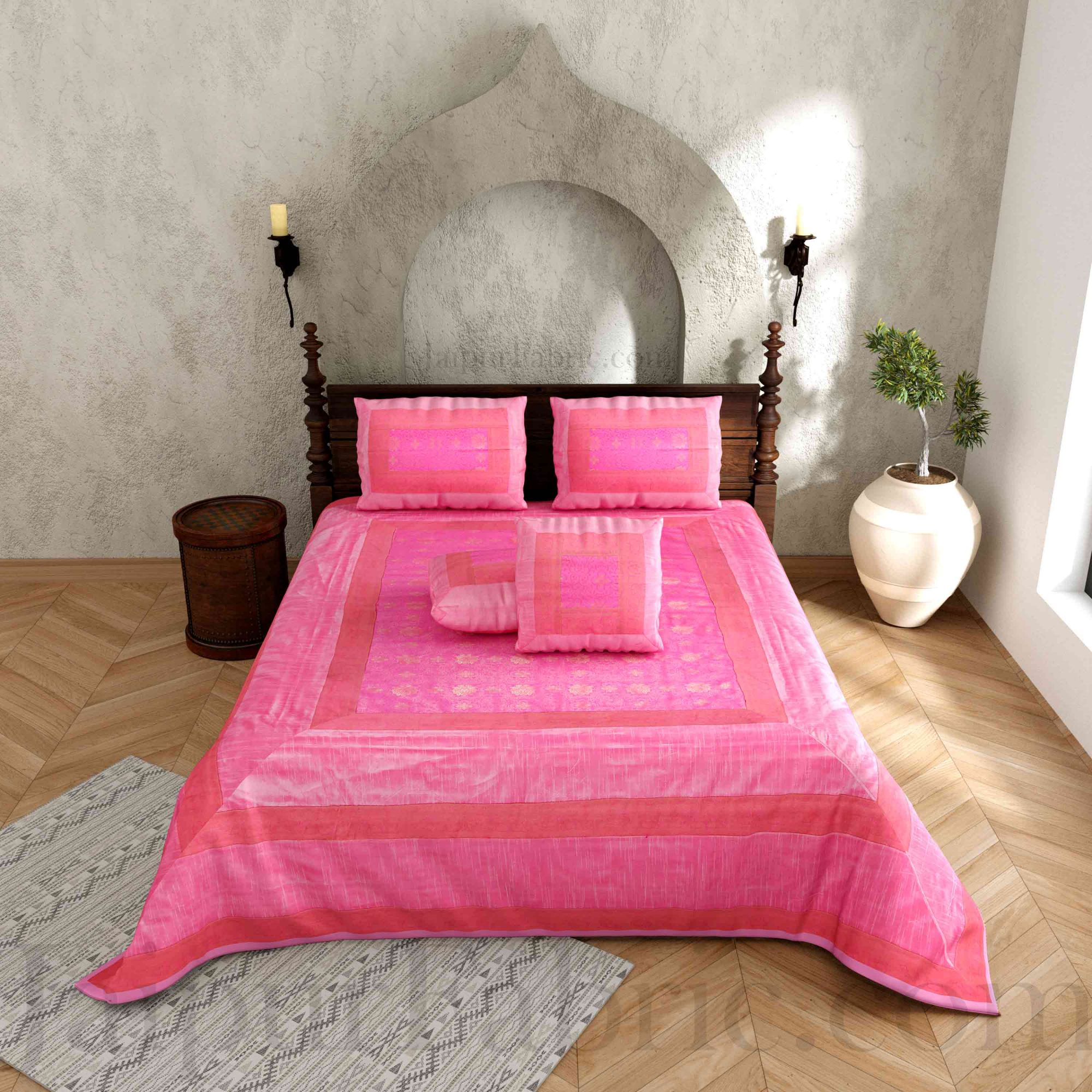 Pink Rajasthani Zari Embroidered Lace Work Silk Double Bed Sheet