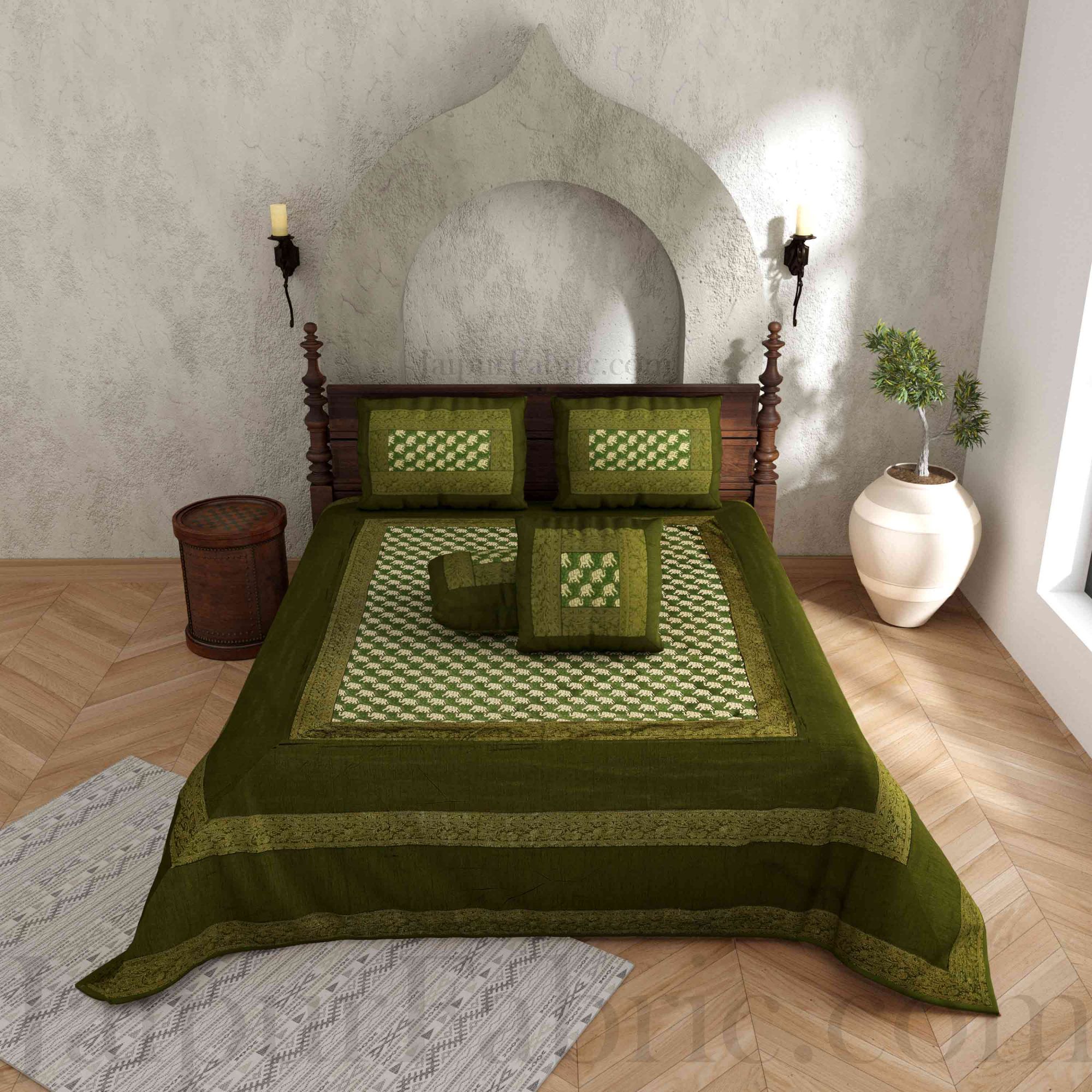 Green Rajasthani Zari Embroidered Lace Work Silk Double Bed Sheet