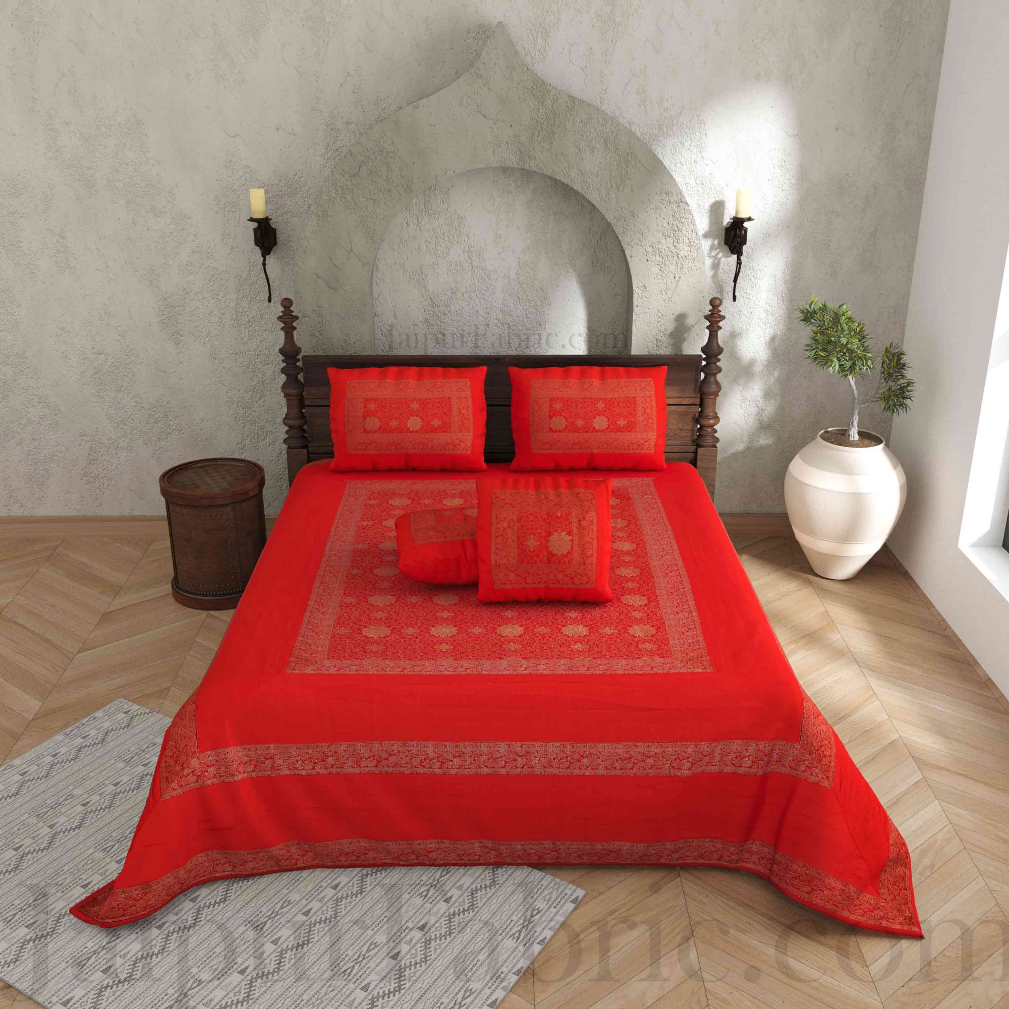 Radish Orange Rajasthani Zari Embroidered Lace Work Silk Double Bedsheet