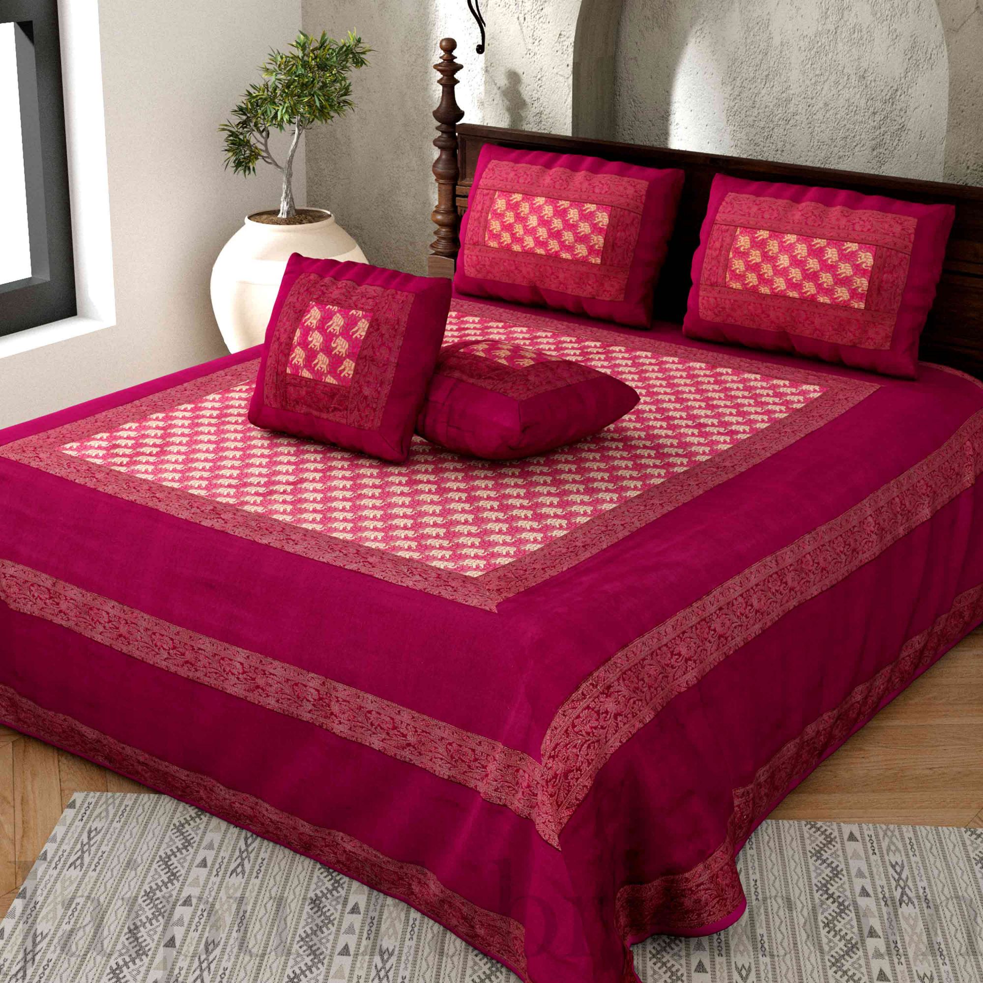 Maroon Rajasthani Zari Embroidered Lace Work Silk Double Bed Sheet