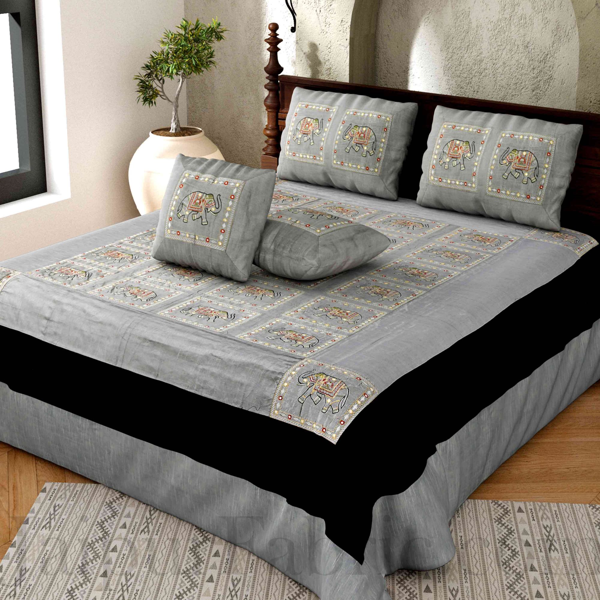 Gray Elephant  Zari Embroidered and Mirror Work Silk Double Bed Sheet