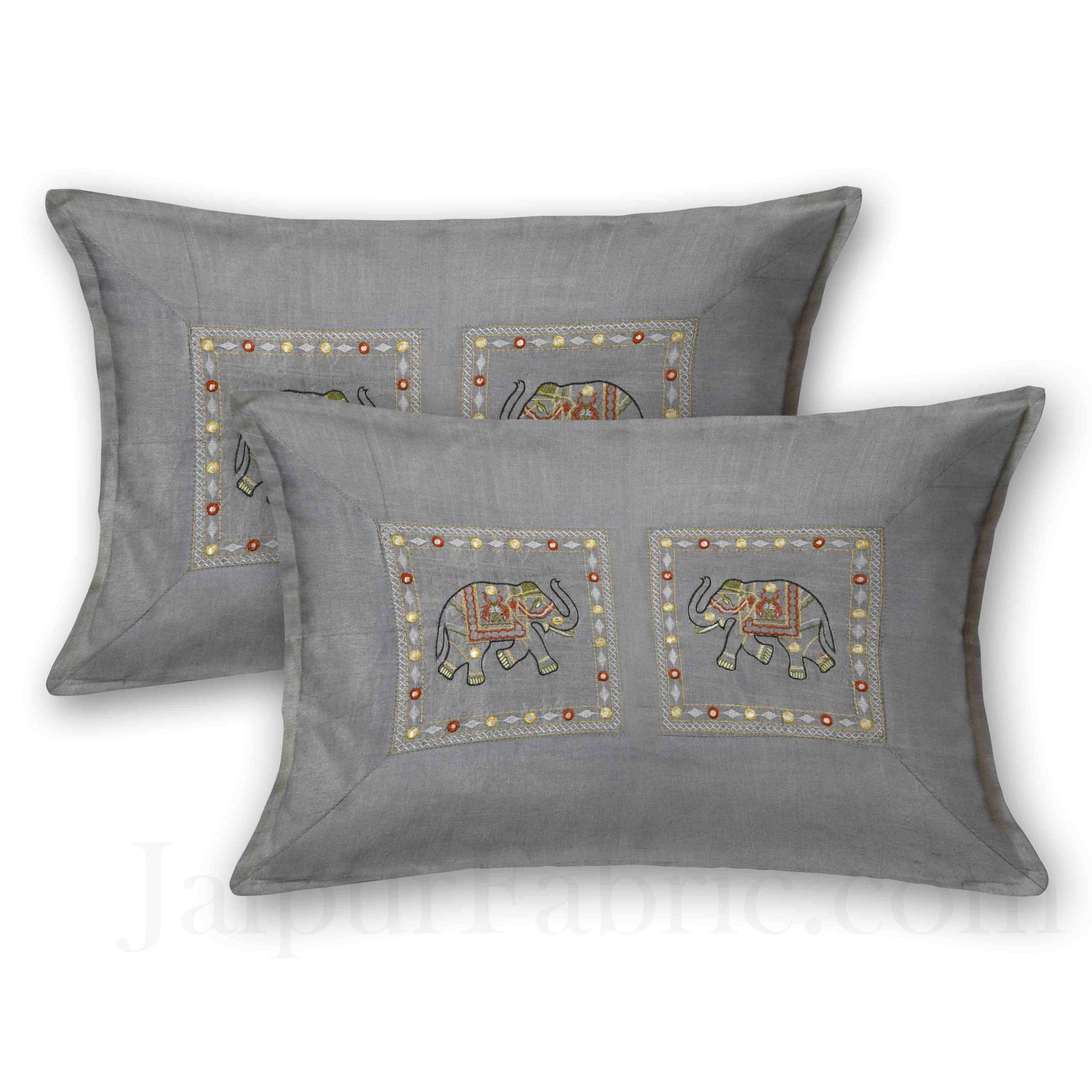 Gray Elephant  Zari Embroidered and Mirror Work Silk Double Bed Sheet