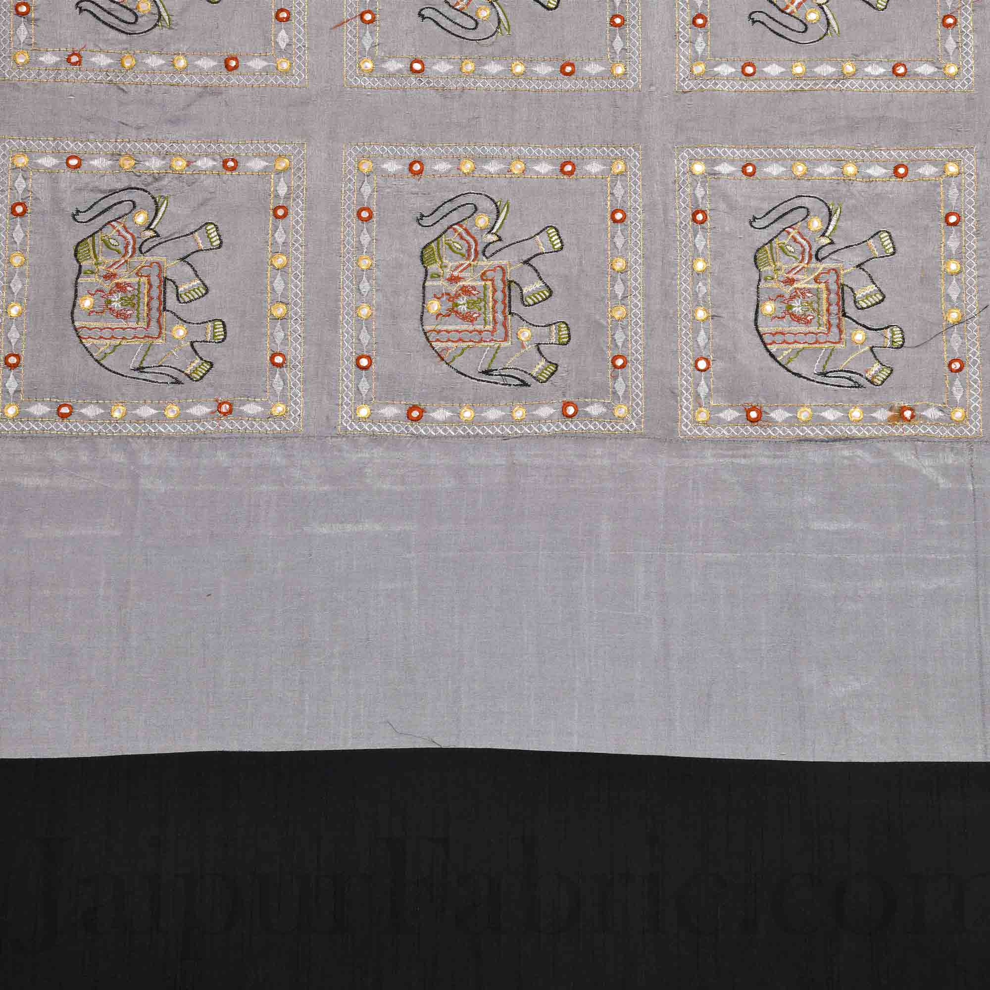 Gray Elephant  Zari Embroidered and Mirror Work Silk Double Bed Sheet