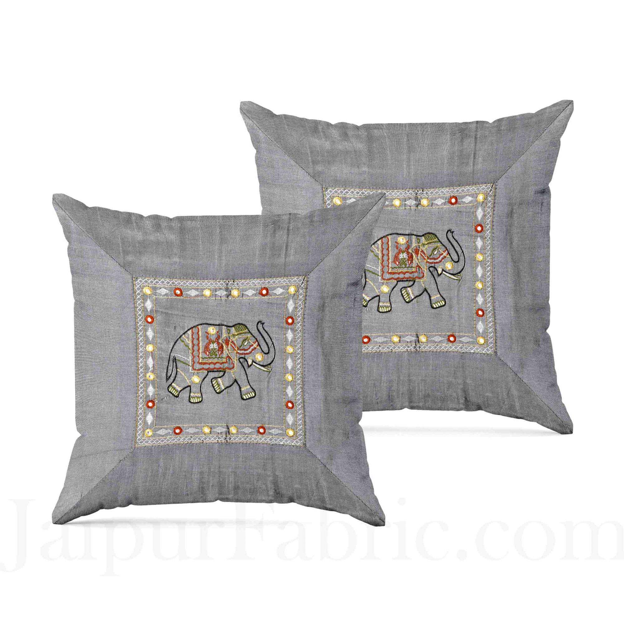 Gray Elephant  Zari Embroidered and Mirror Work Silk Double Bed Sheet