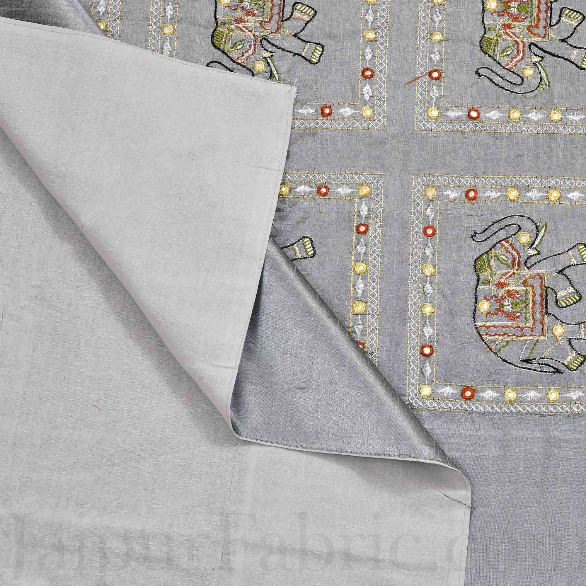 Gray Elephant  Zari Embroidered and Mirror Work Silk Double Bed Sheet