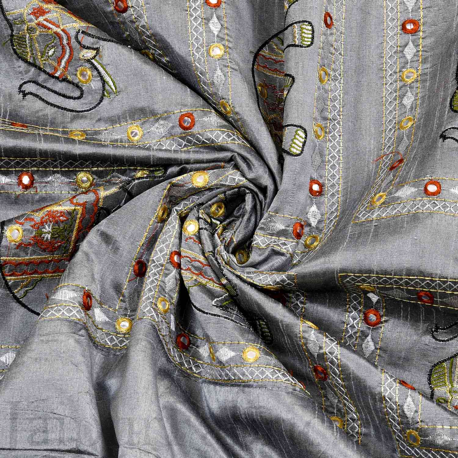 Gray Elephant  Zari Embroidered and Mirror Work Silk Double Bed Sheet