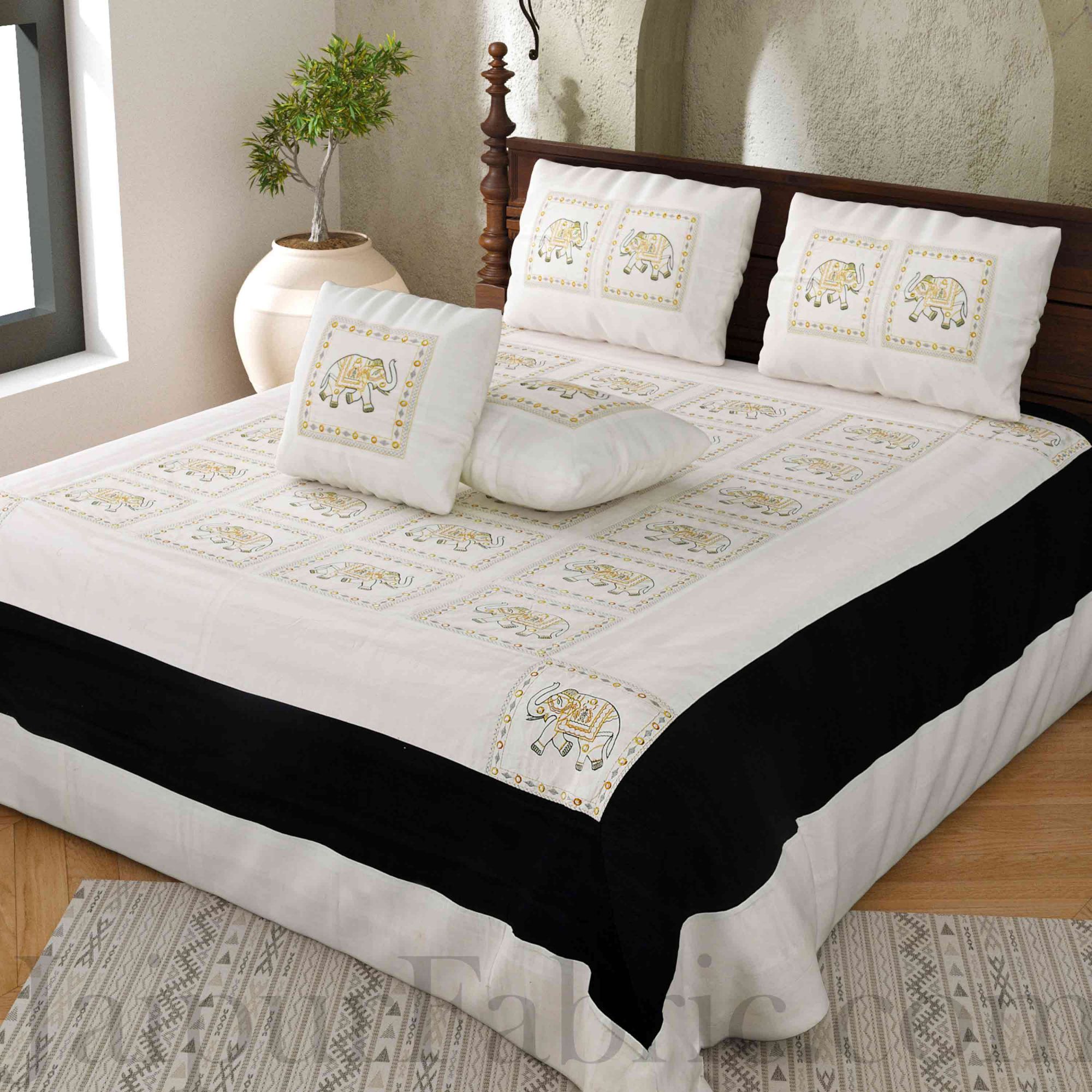 Black and White Elephant Thread And Mirror Work and Rajasthani Zari Work Double Bed Sheet