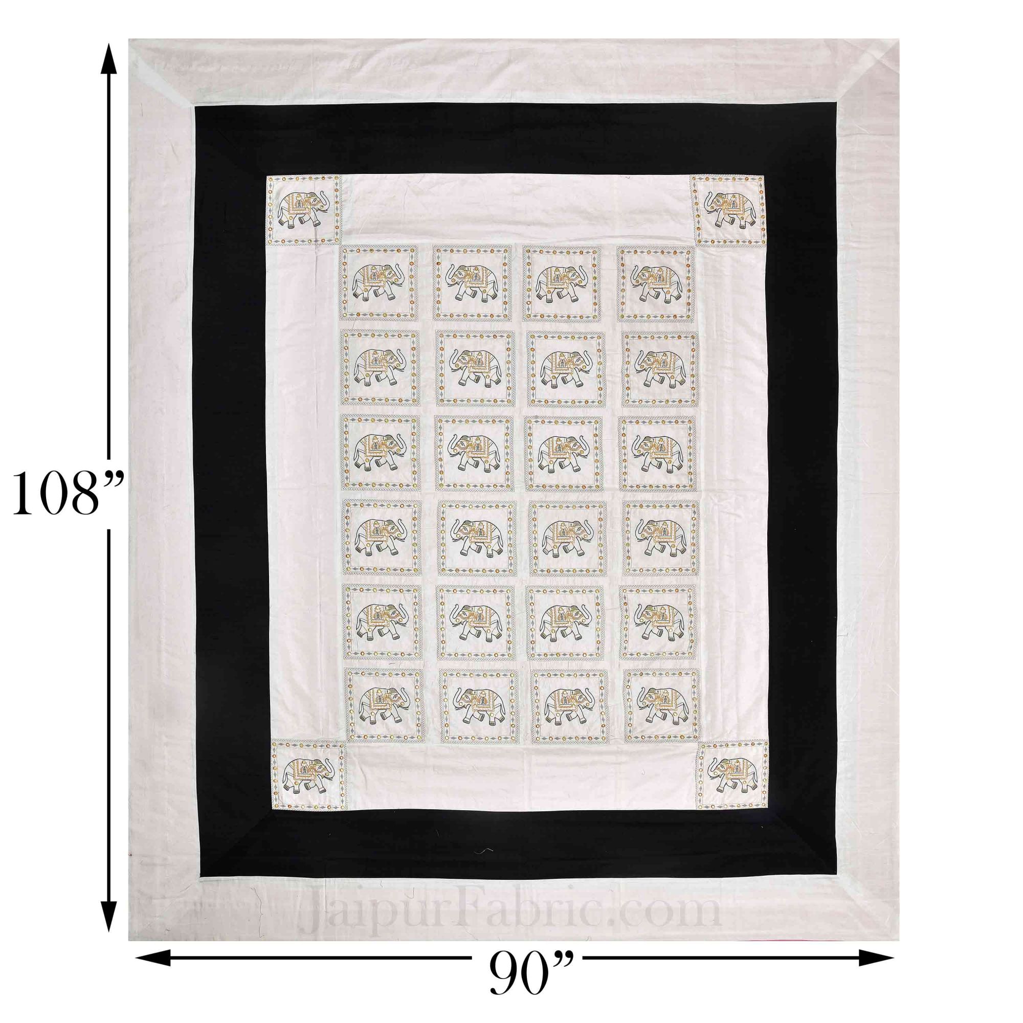 Black and White Elephant Thread And Mirror Work and Rajasthani Zari Work Double Bed Sheet