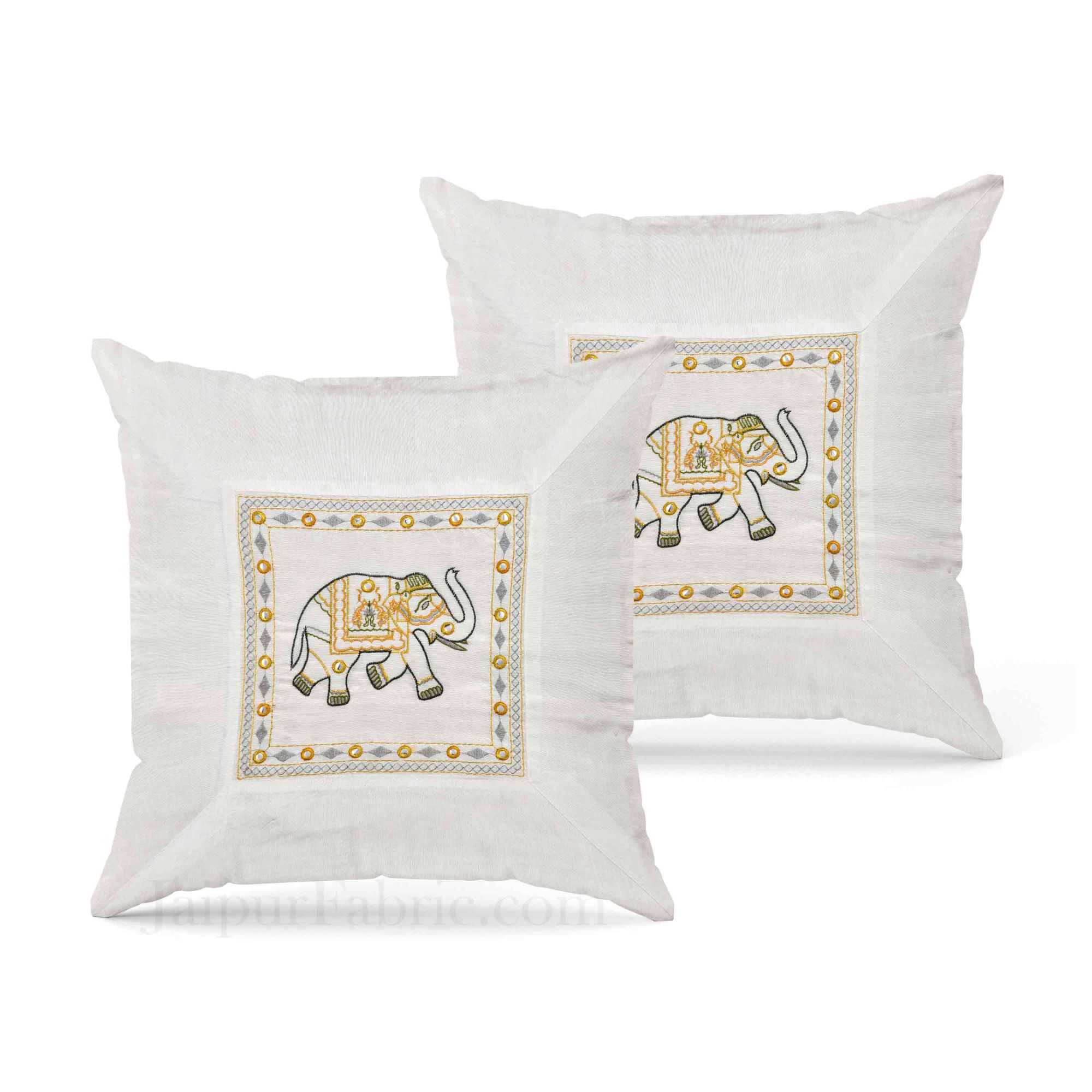 Black and White Elephant Thread And Mirror Work and Rajasthani Zari Work Double Bed Sheet