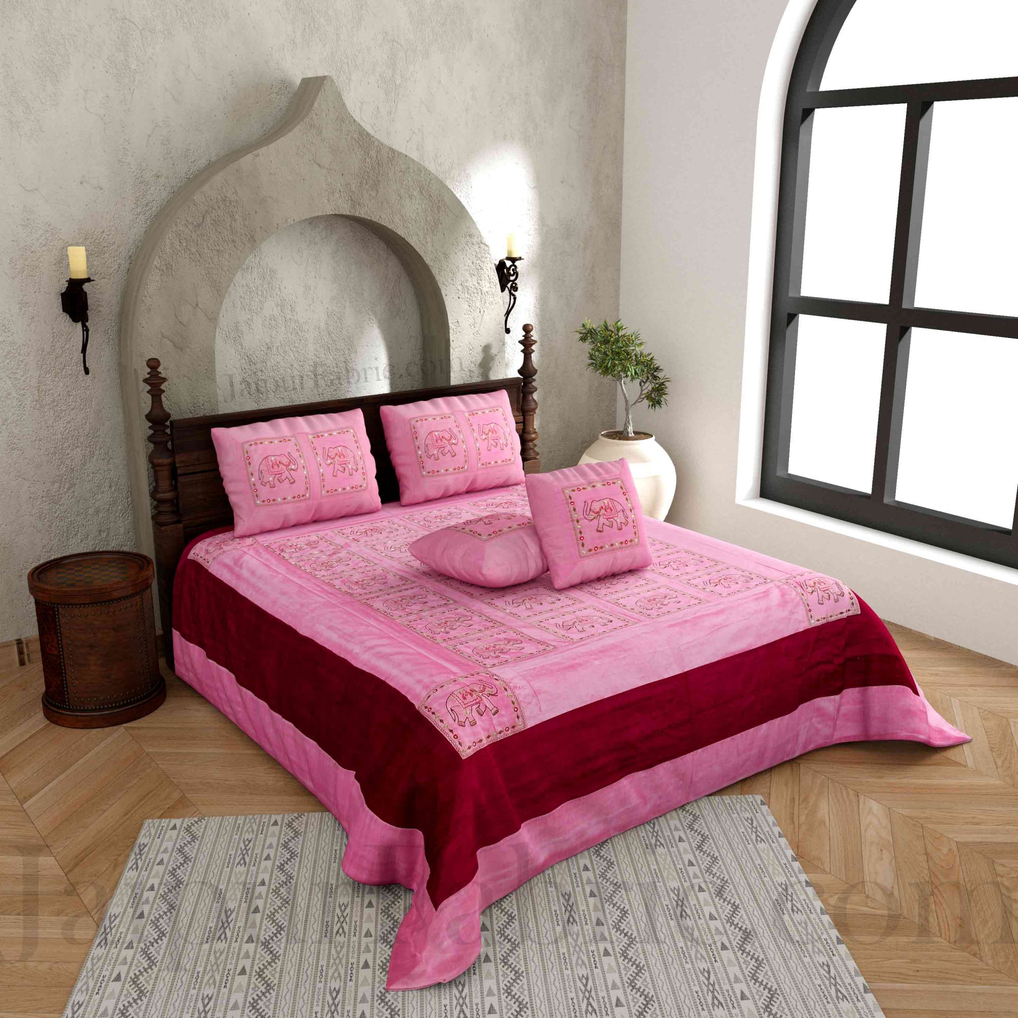 Pink And Maroon Elephant Mirror Work Thread Work and Rajasthani Zari Work  Double Bedsheet