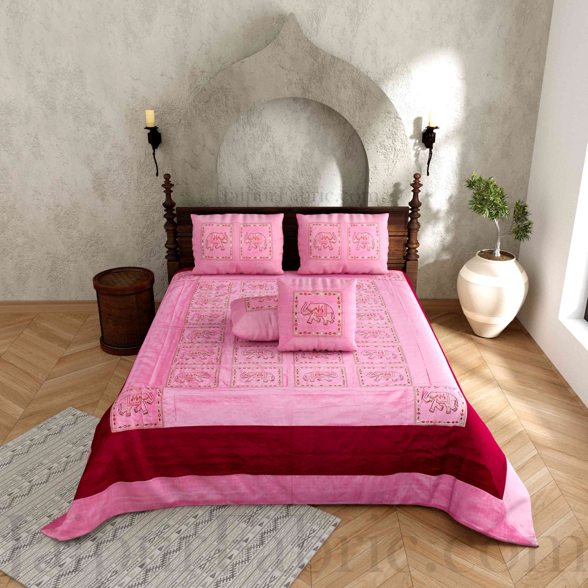 Pink And Maroon Elephant Mirror Work Thread Work and Rajasthani Zari Work  Double Bedsheet