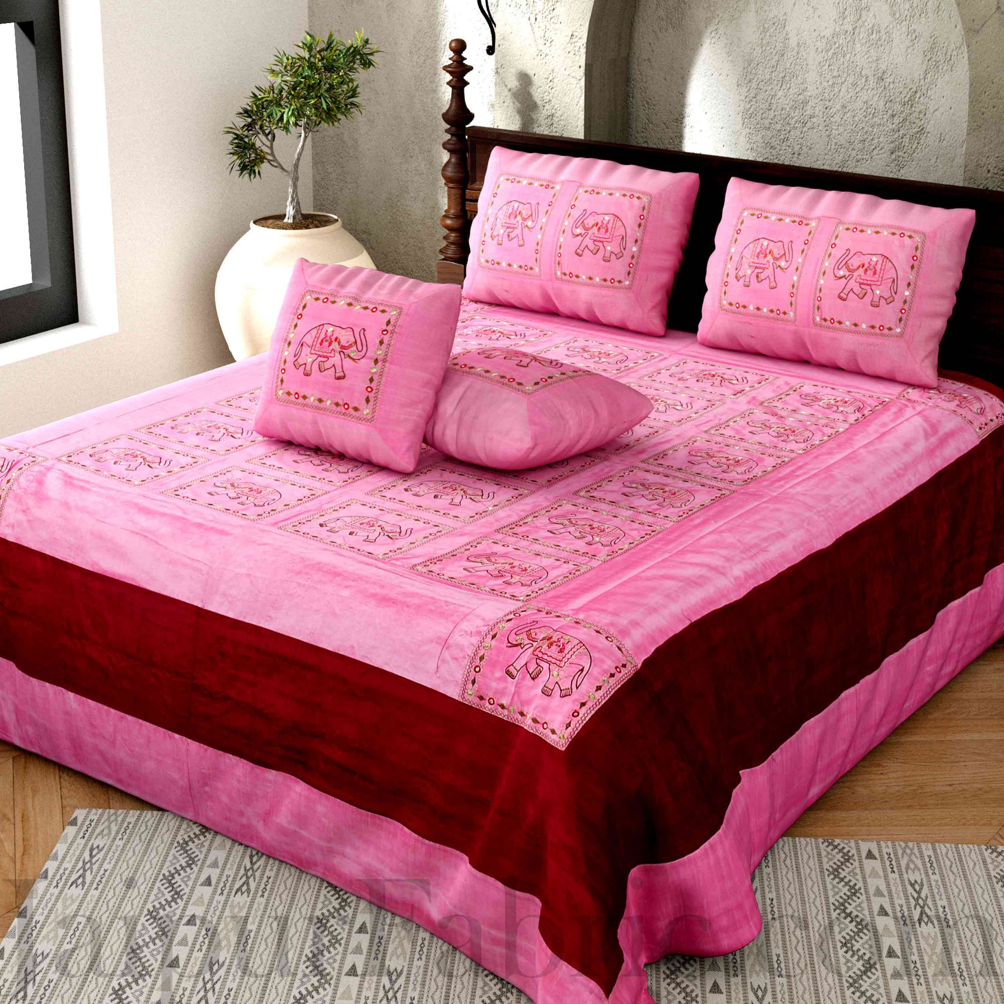 Pink And Maroon Elephant Mirror Work Thread Work and Rajasthani Zari Work  Double Bedsheet