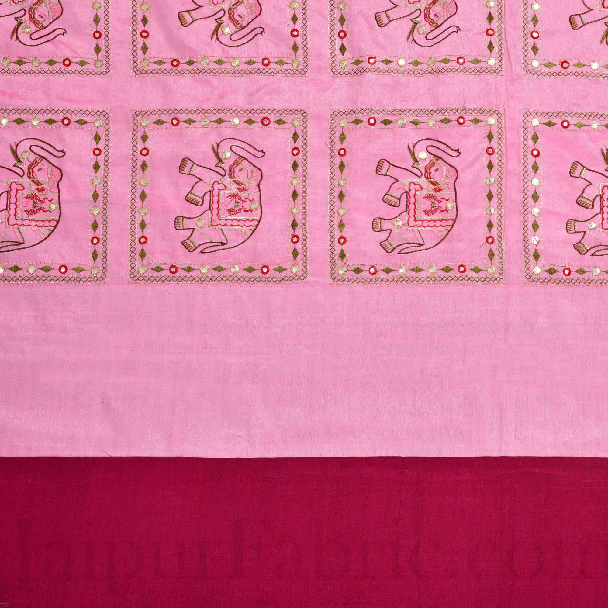 Pink And Maroon Elephant Mirror Work Thread Work and Rajasthani Zari Work  Double Bedsheet