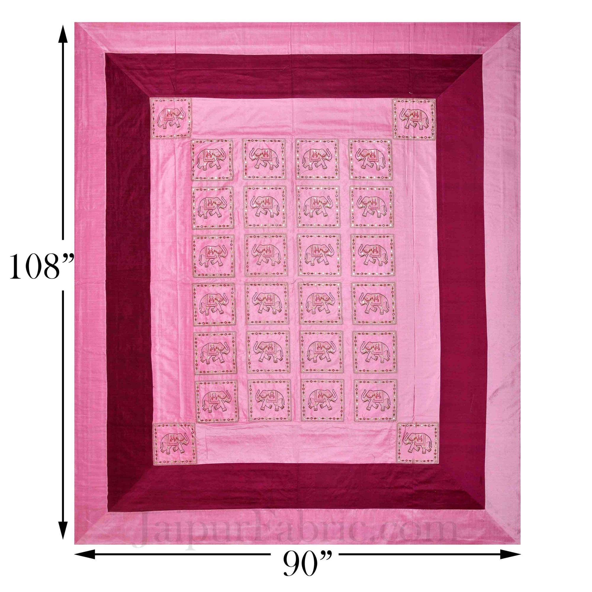 Pink And Maroon Elephant Mirror Work Thread Work and Rajasthani Zari Work  Double Bedsheet