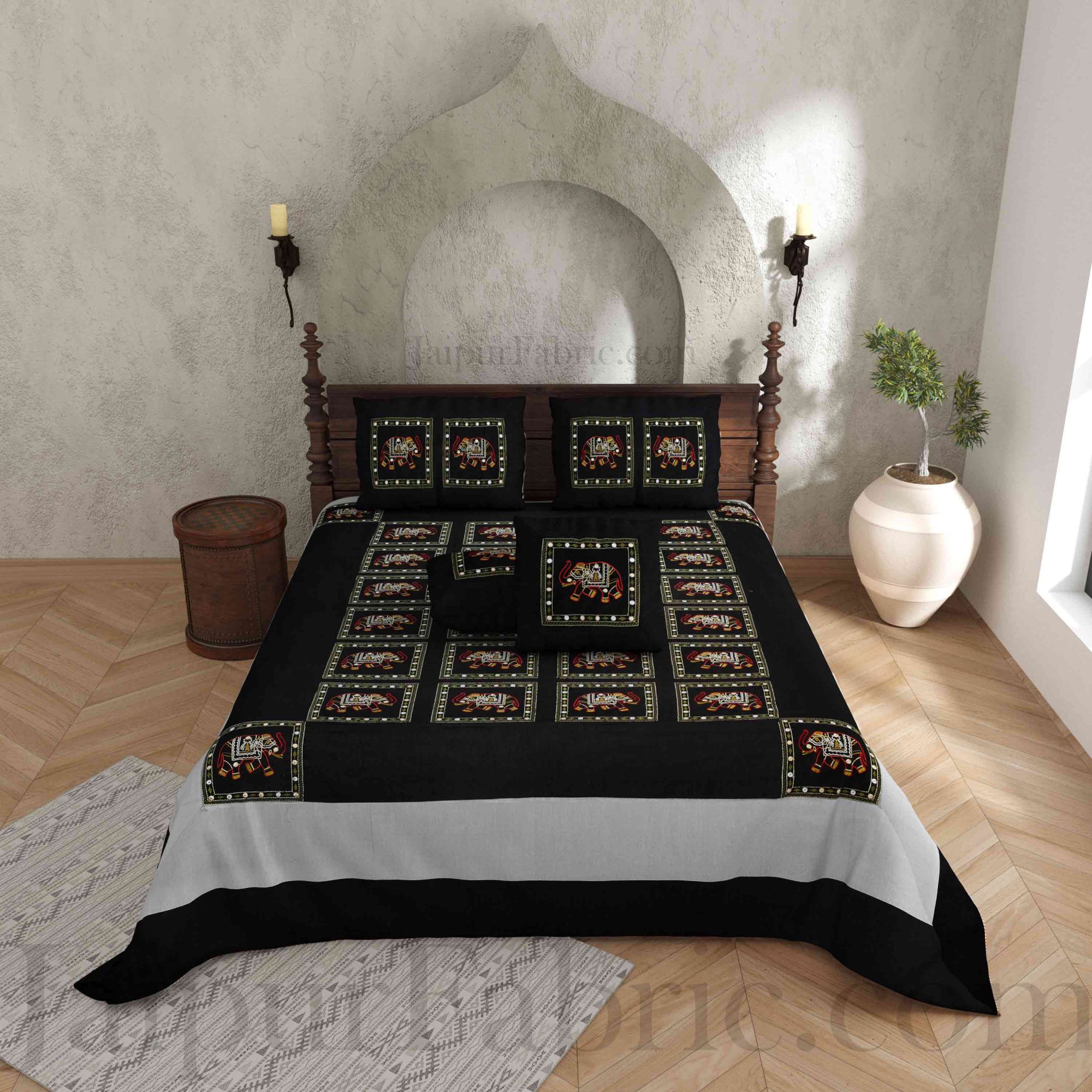 Black Elephant Zari Embroidered and Mirror Work Silk Double Bed Sheet