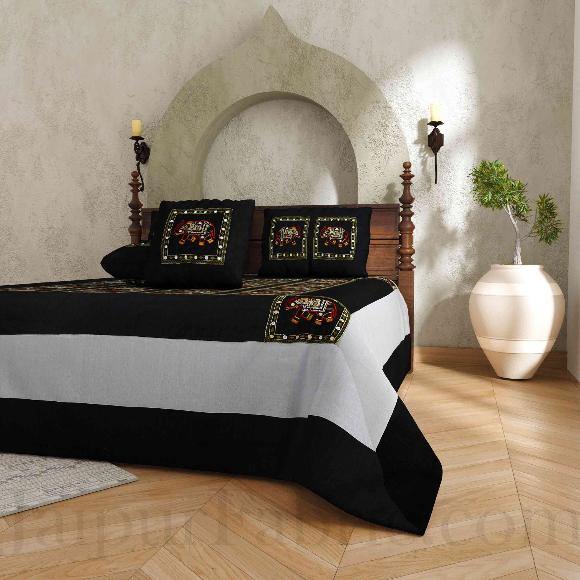 Black Elephant Zari Embroidered and Mirror Work Silk Double Bed Sheet