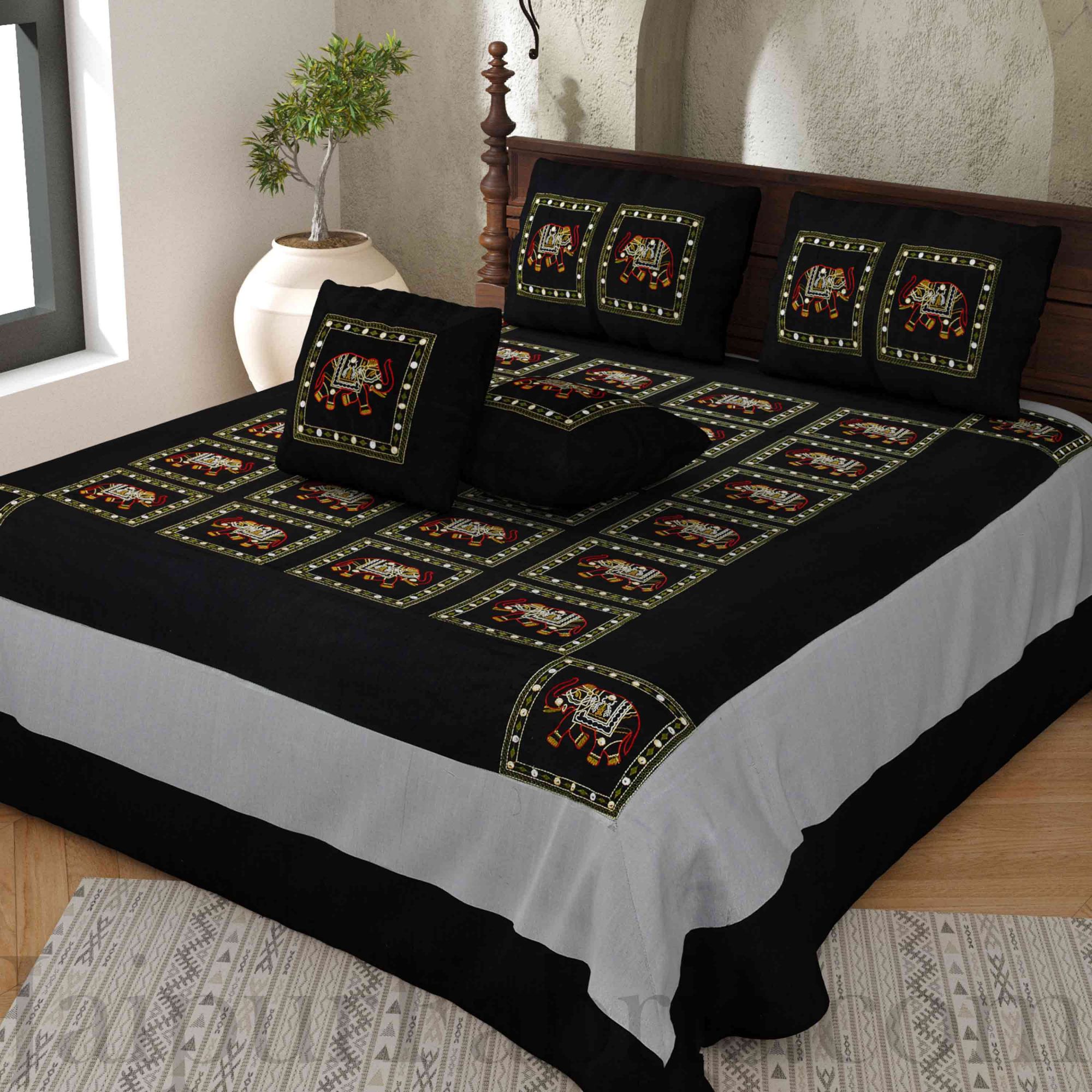 Black Elephant Zari Embroidered and Mirror Work Silk Double Bed Sheet