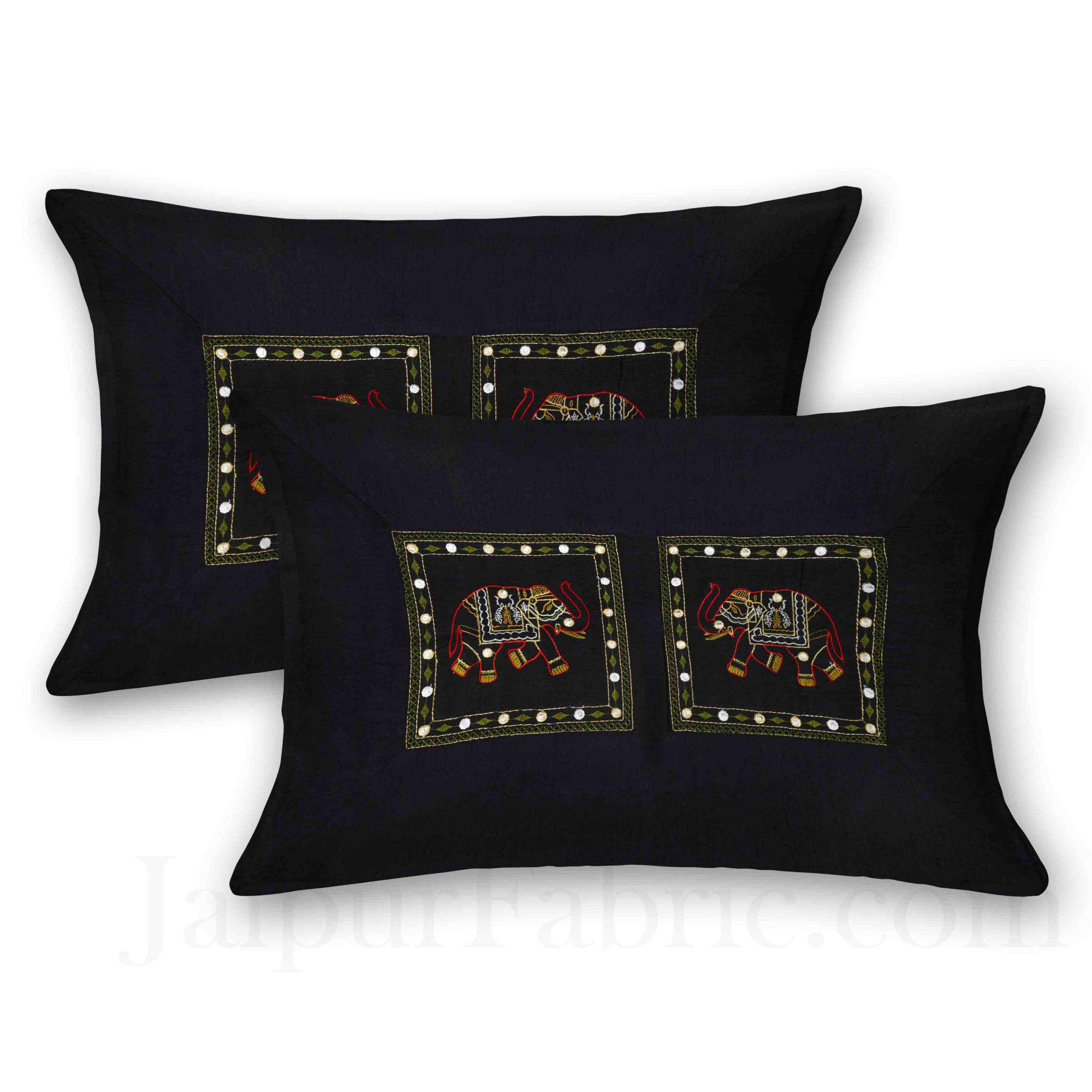 Black Elephant Zari Embroidered and Mirror Work Silk Double Bed Sheet