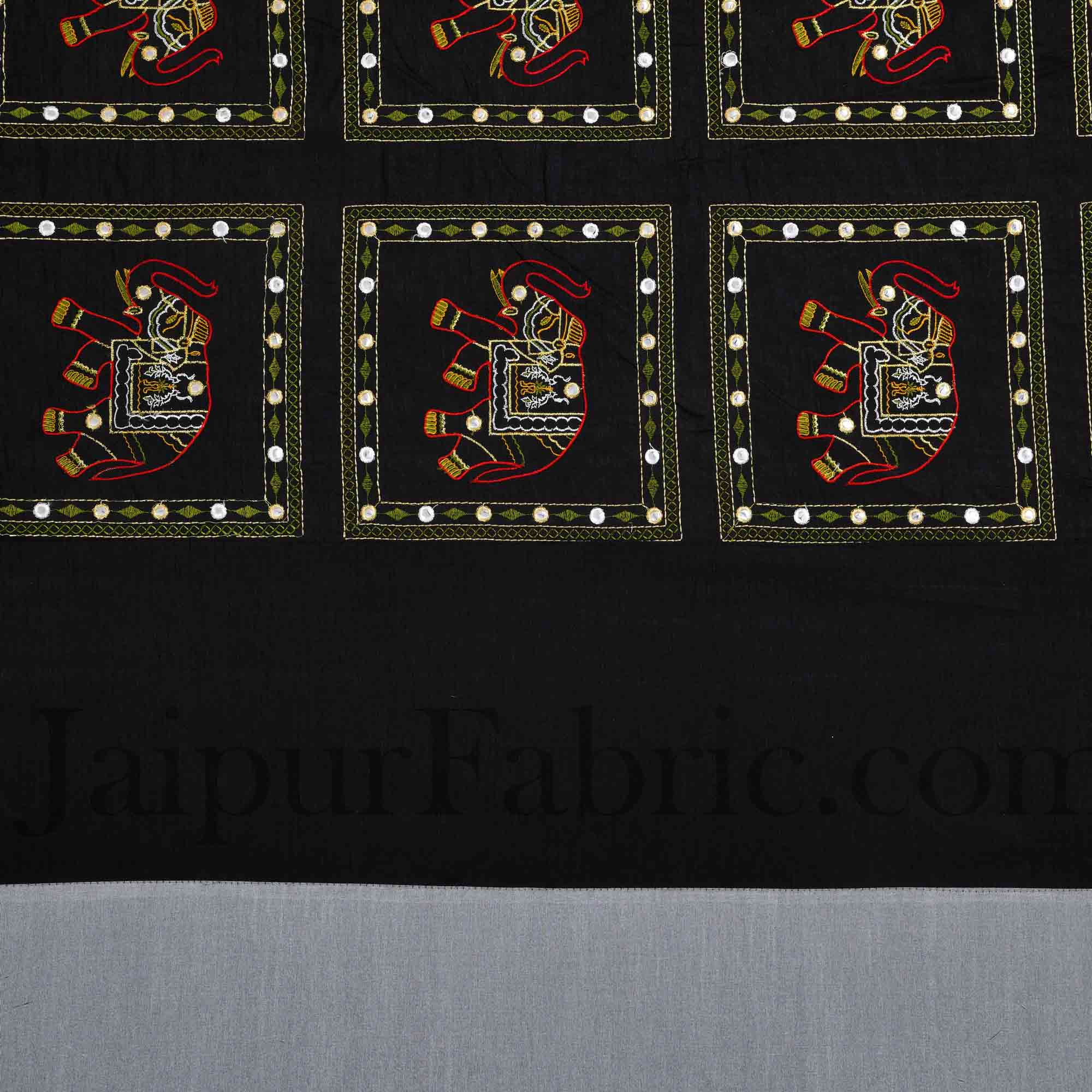 Black Elephant Zari Embroidered and Mirror Work Silk Double Bed Sheet