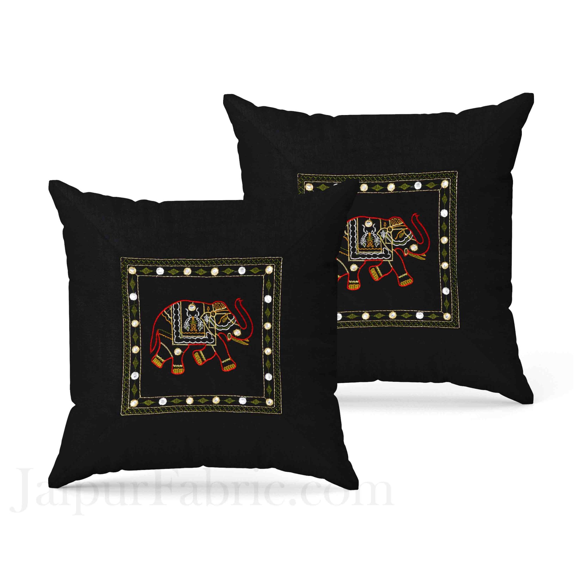 Black Elephant Zari Embroidered and Mirror Work Silk Double Bed Sheet