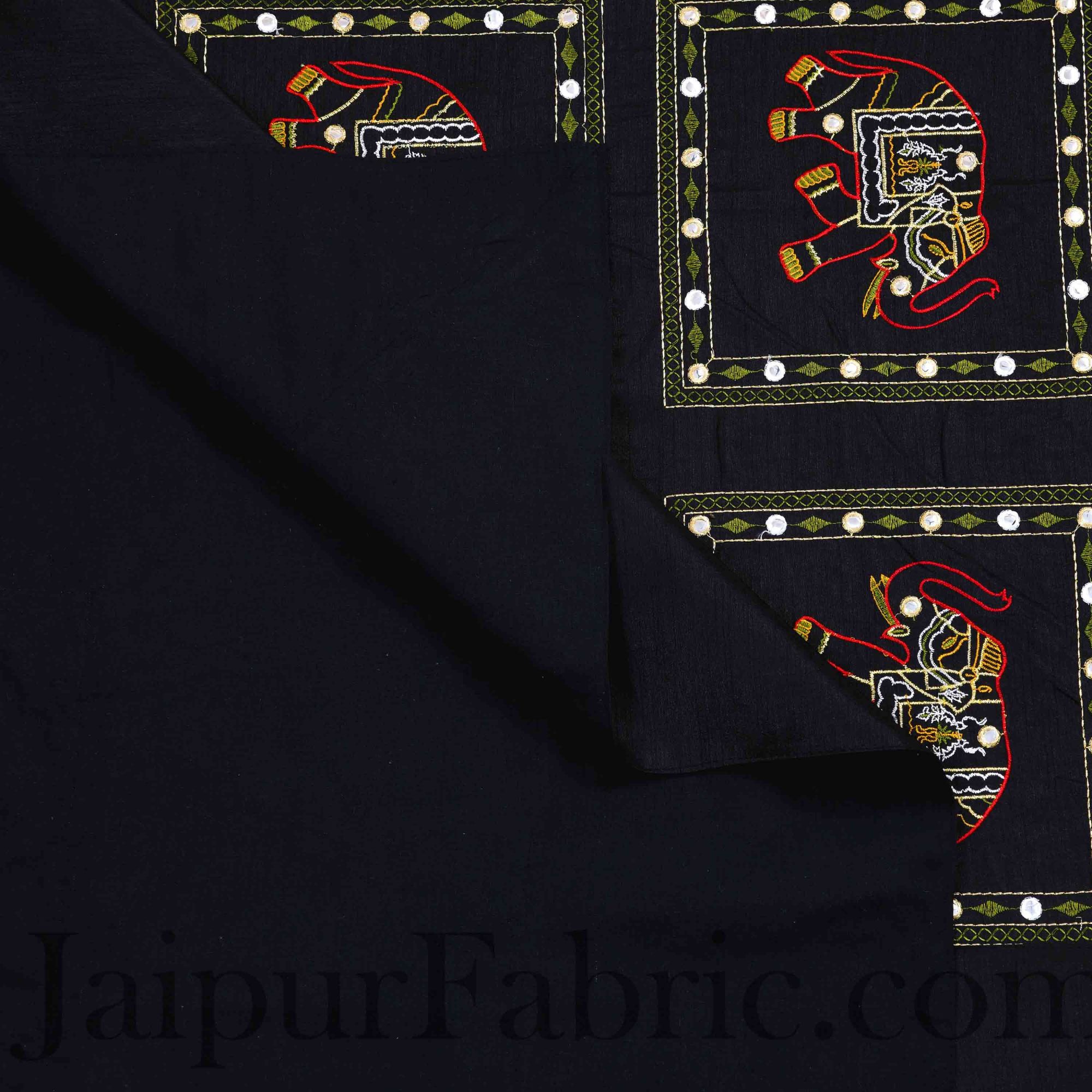 Black Elephant Zari Embroidered and Mirror Work Silk Double Bed Sheet