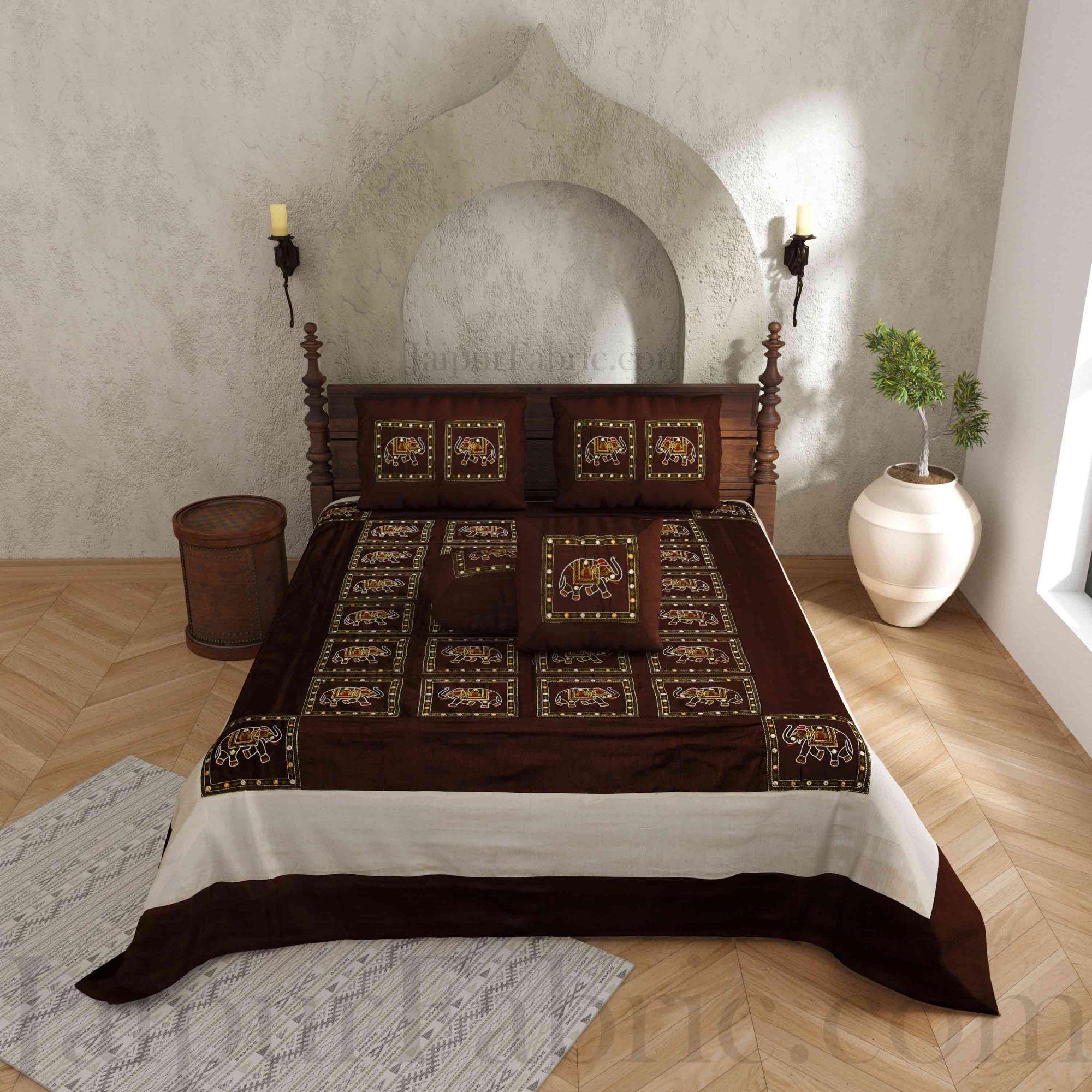 Brown Elephant Embroidered and Mirror Work Silk Double Bed Sheet