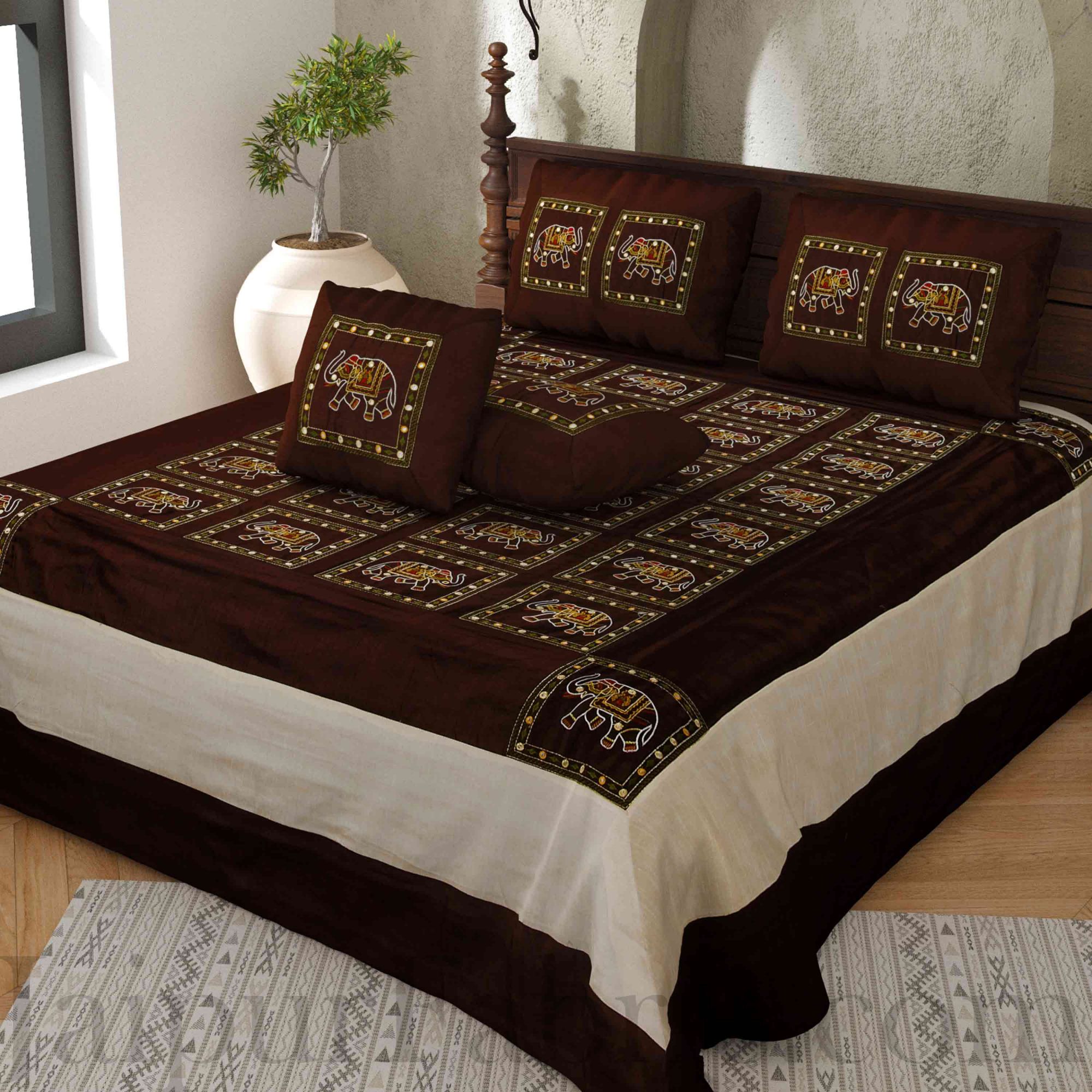 Brown Elephant Embroidered and Mirror Work Silk Double Bed Sheet