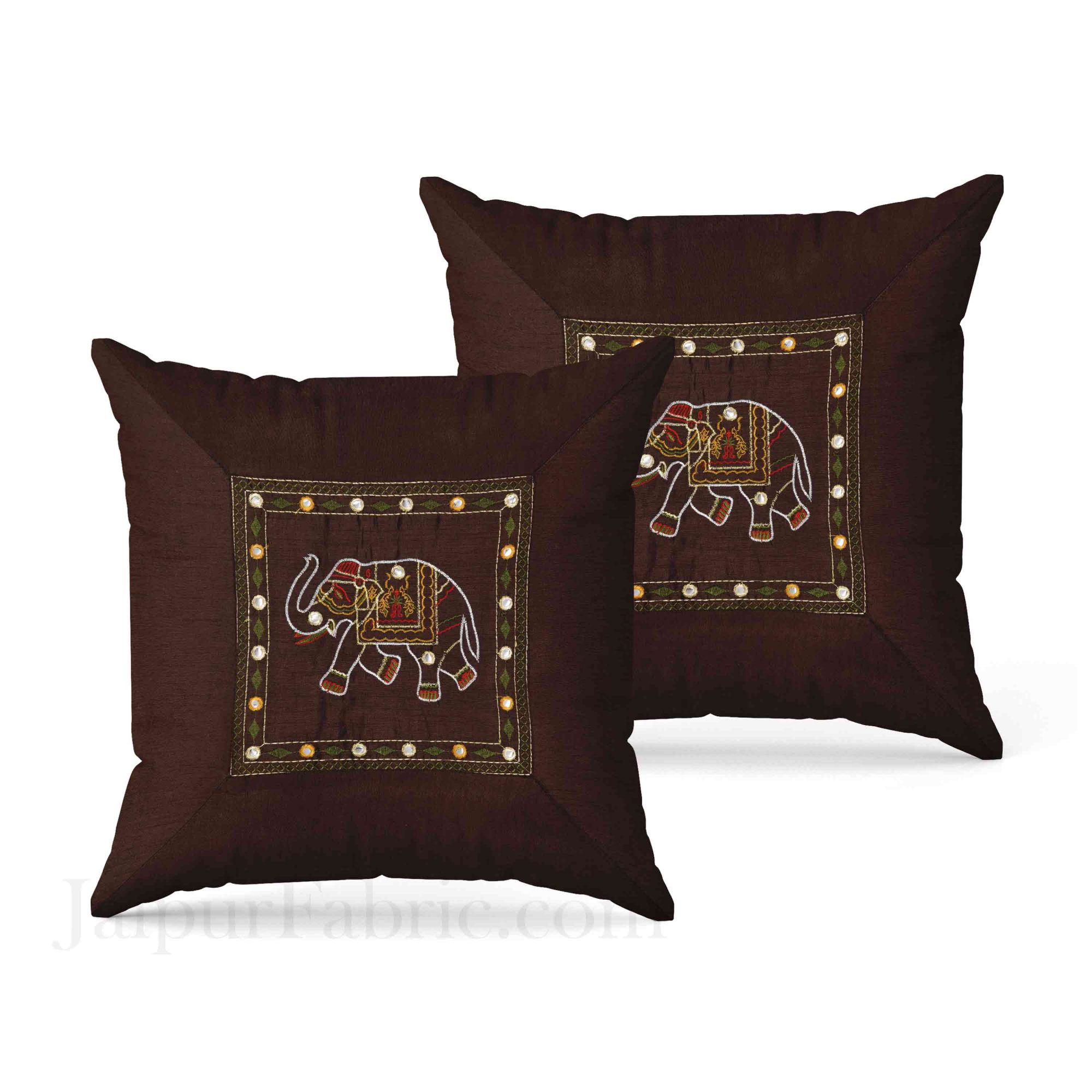 Brown Elephant Embroidered and Mirror Work Silk Double Bed Sheet