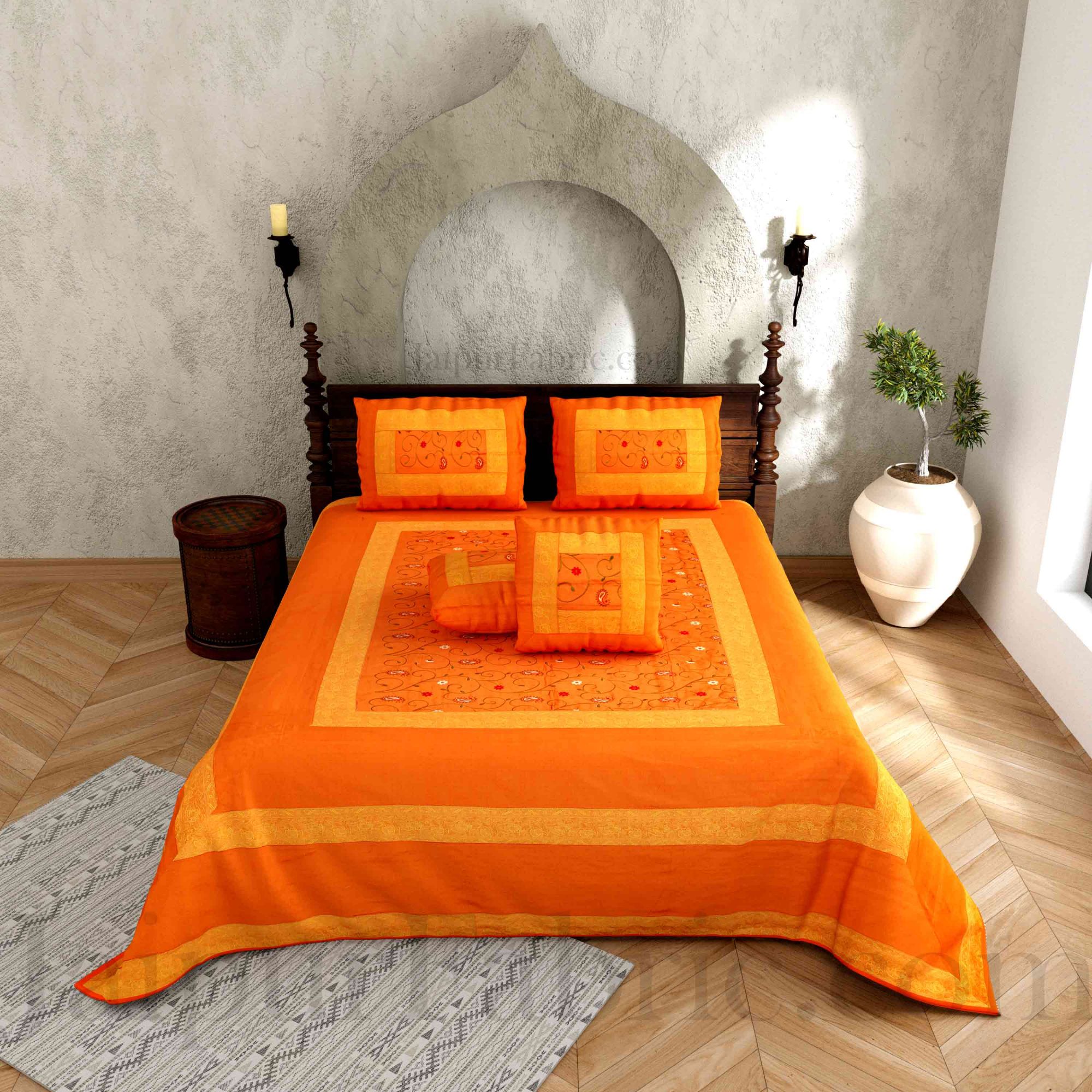 Orangish Yellow  Base With Zari  Border Silk Computer Embroidery  And Silk  Double Bedsheet