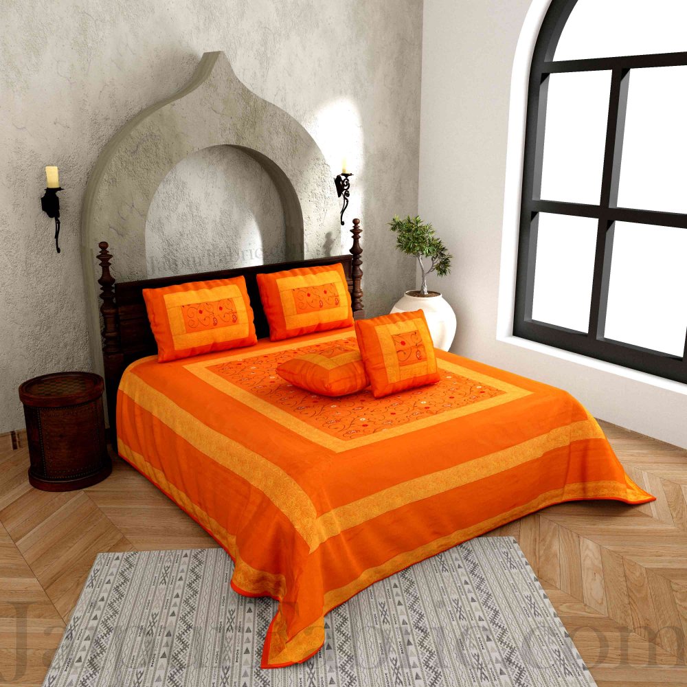 Orangish Yellow  Base With Zari  Border Silk Computer Embroidery  And Silk  Double Bedsheet