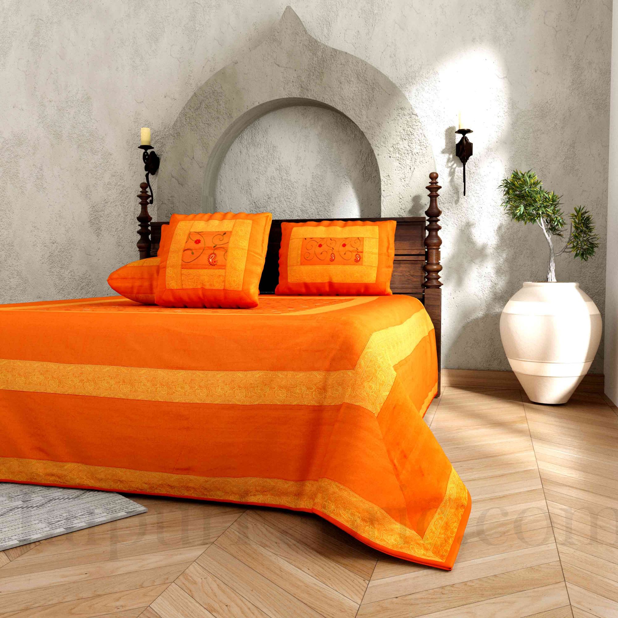 Orangish Yellow  Base With Zari  Border Silk Computer Embroidery  And Silk  Double Bedsheet