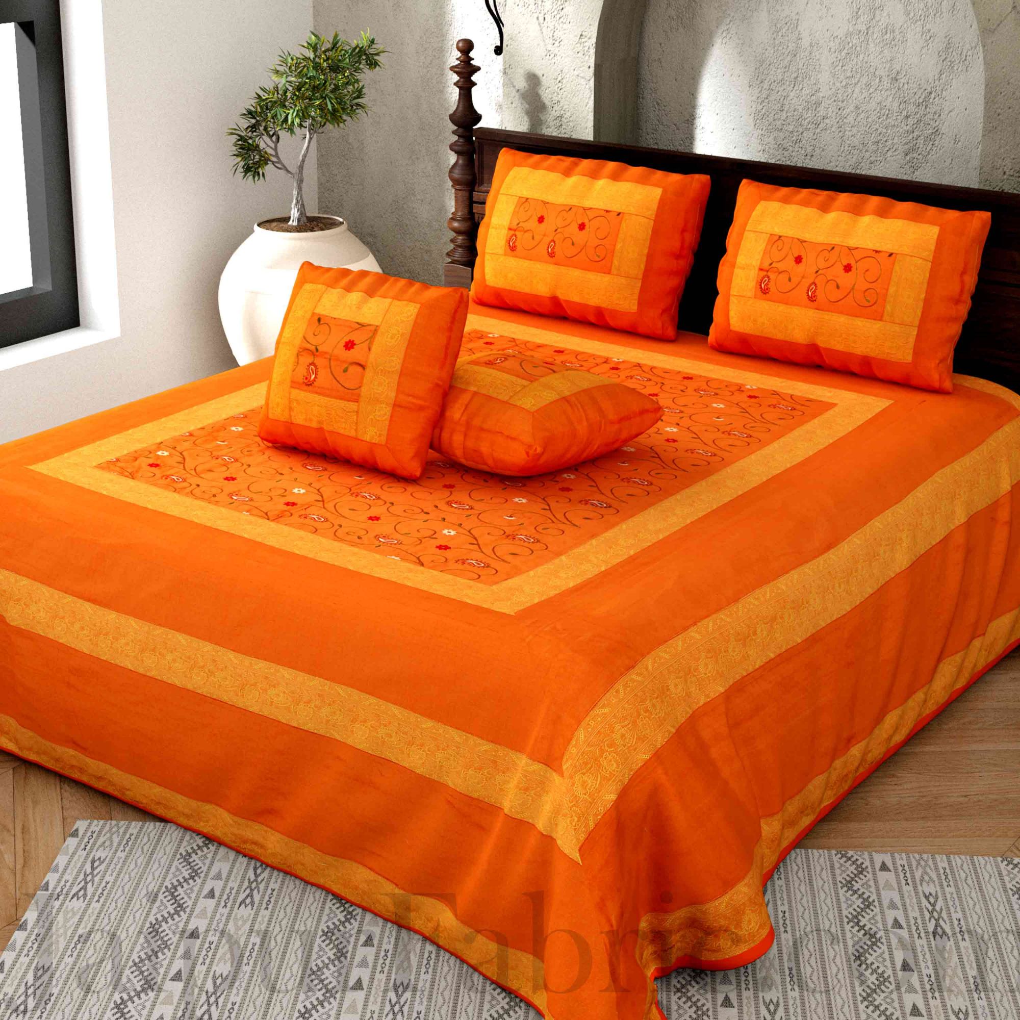 Orangish Yellow  Base With Zari  Border Silk Computer Embroidery  And Silk  Double Bedsheet