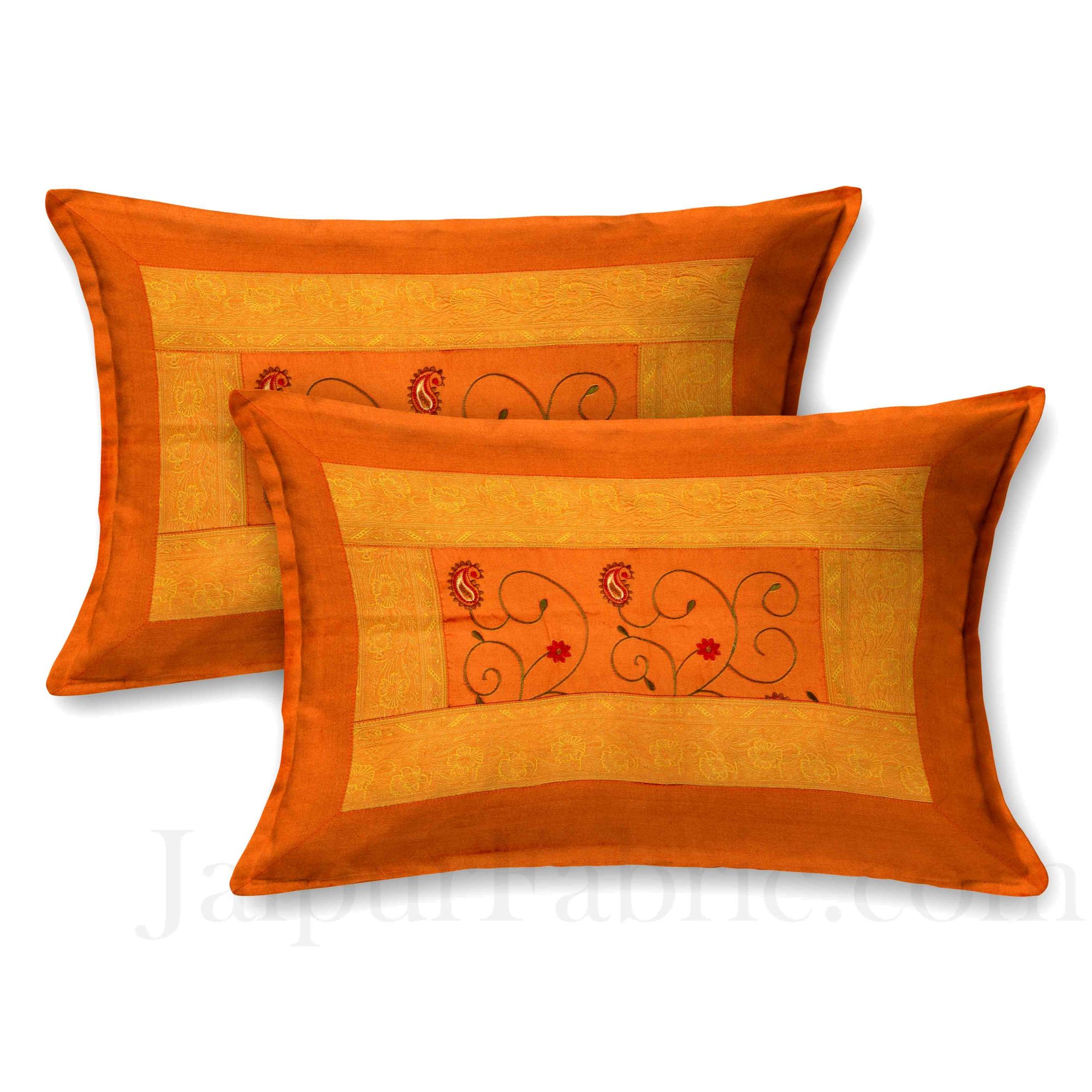 Orangish Yellow  Base With Zari  Border Silk Computer Embroidery  And Silk  Double Bedsheet