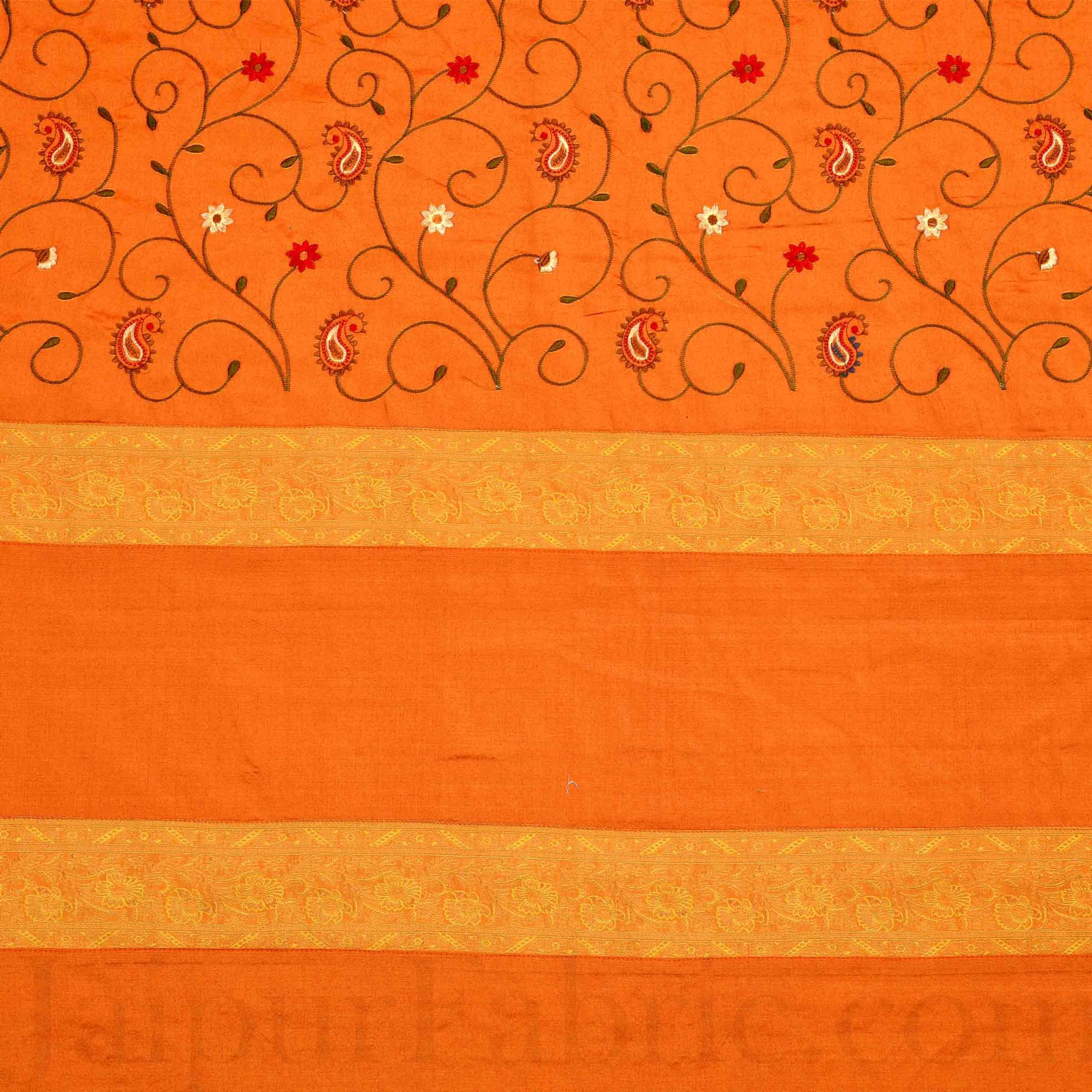 Orangish Yellow  Base With Zari  Border Silk Computer Embroidery  And Silk  Double Bedsheet