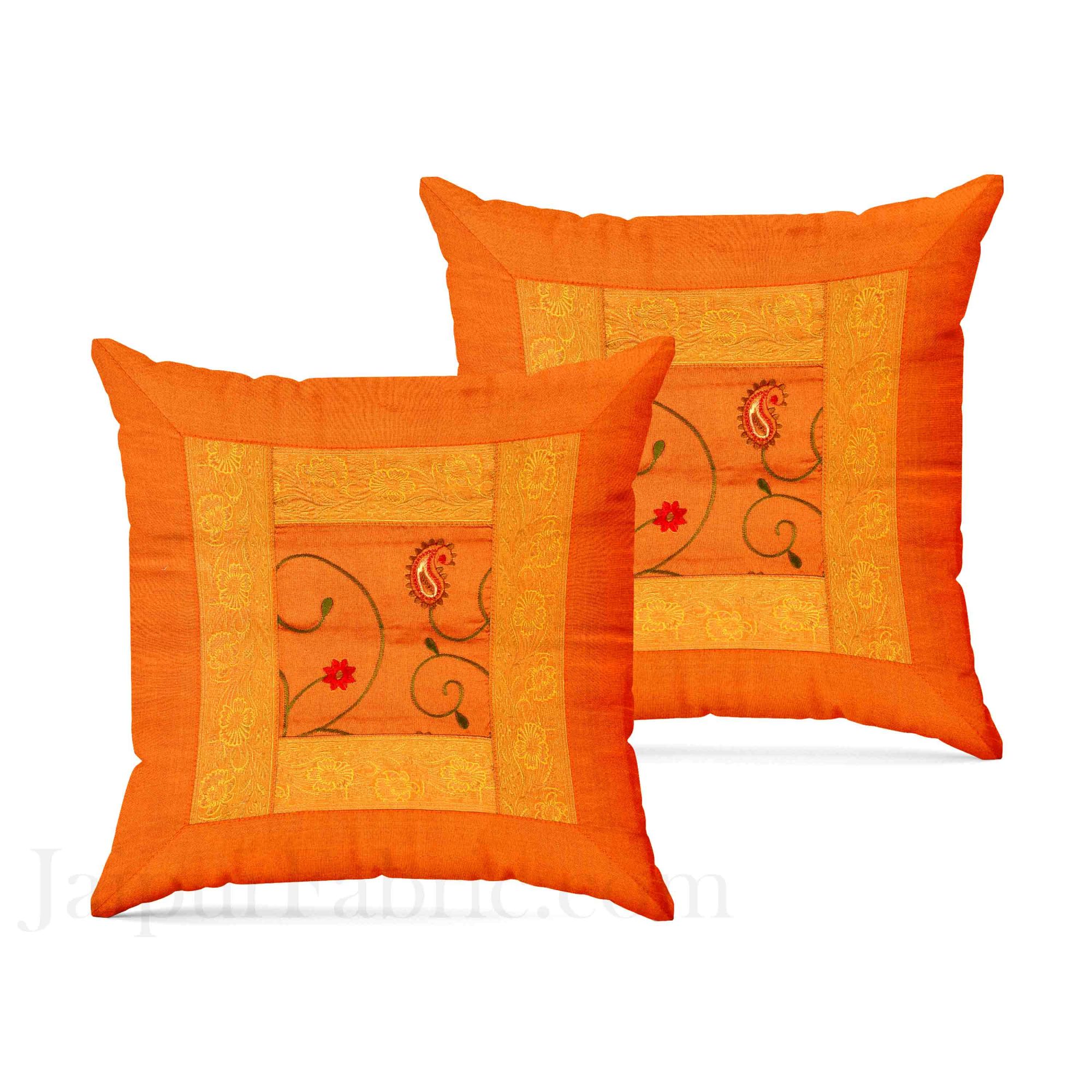 Orangish Yellow  Base With Zari  Border Silk Computer Embroidery  And Silk  Double Bedsheet