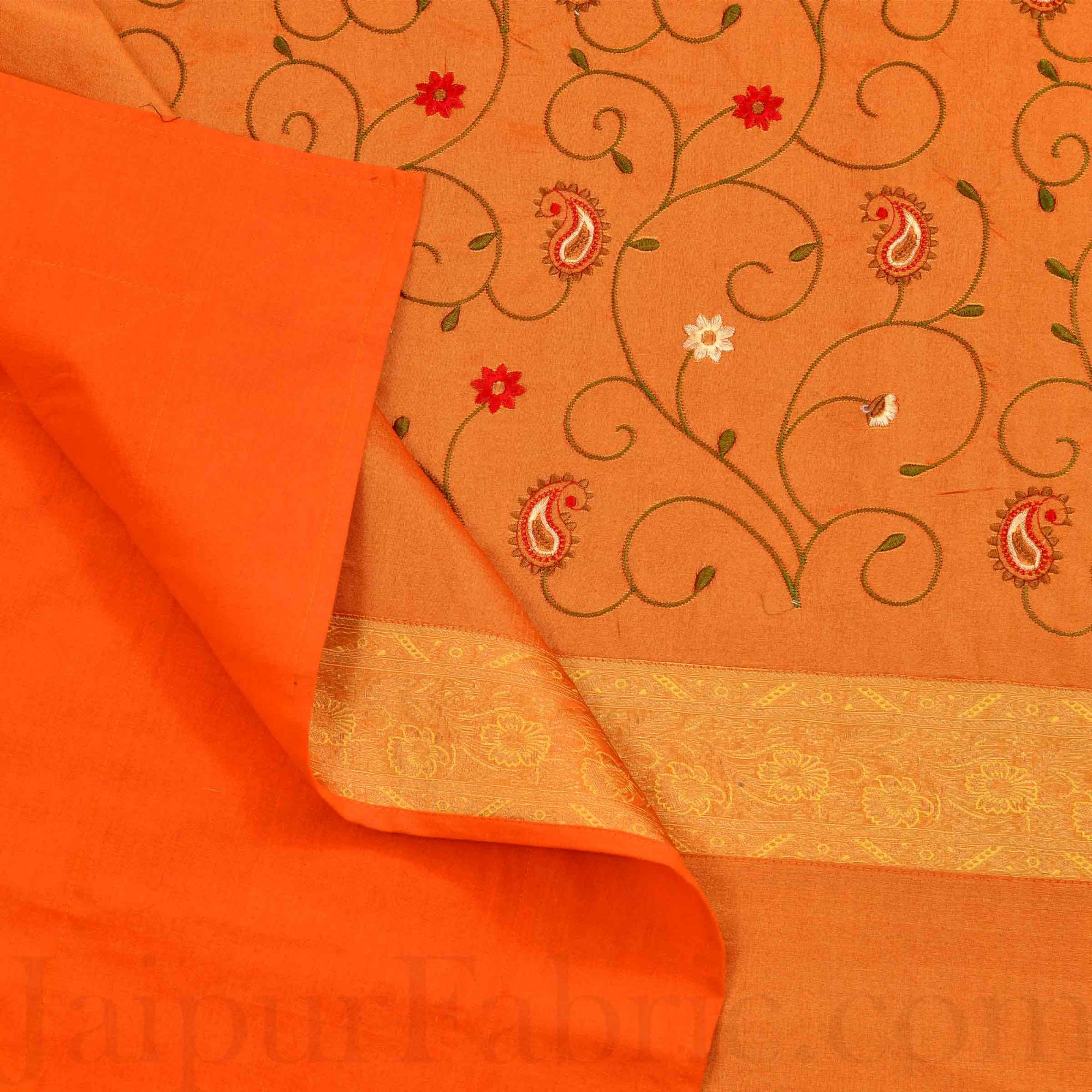 Orangish Yellow  Base With Zari  Border Silk Computer Embroidery  And Silk  Double Bedsheet