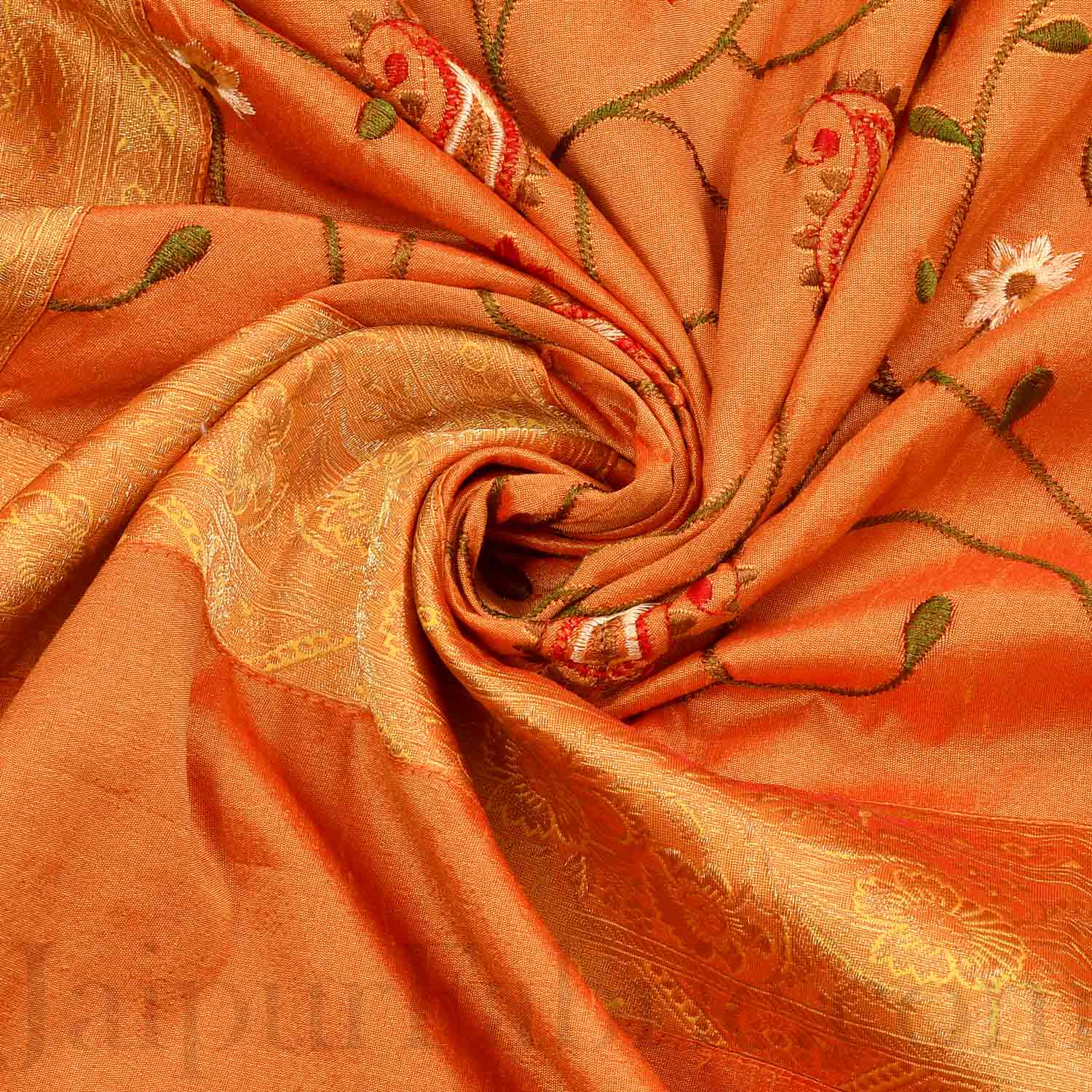 Orangish Yellow  Base With Zari  Border Silk Computer Embroidery  And Silk  Double Bedsheet