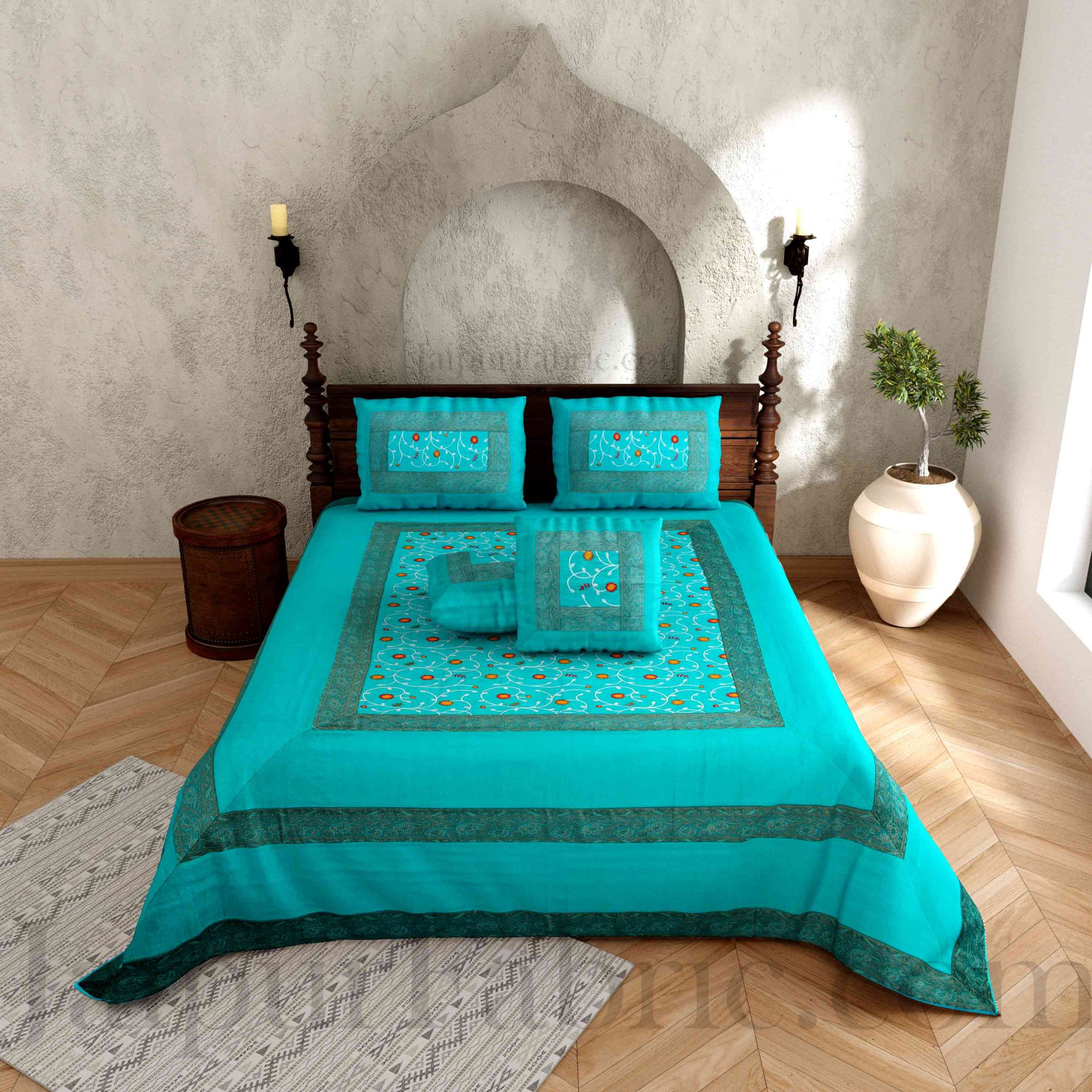 Firozi Base With Zari  Border Silk Embroidery And Silk  Double Bedsheet