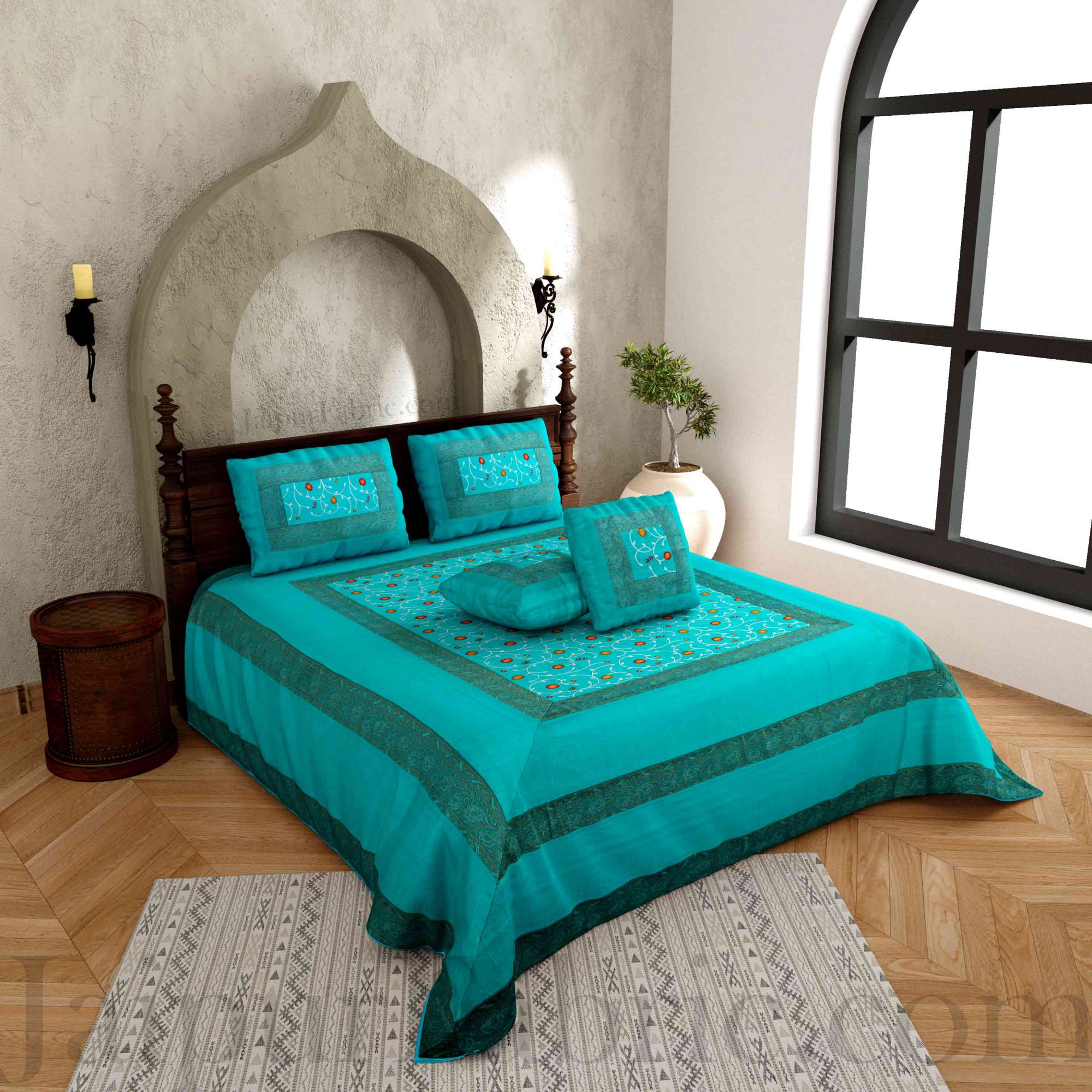 Firozi Base With Zari  Border Silk Embroidery And Silk  Double Bedsheet