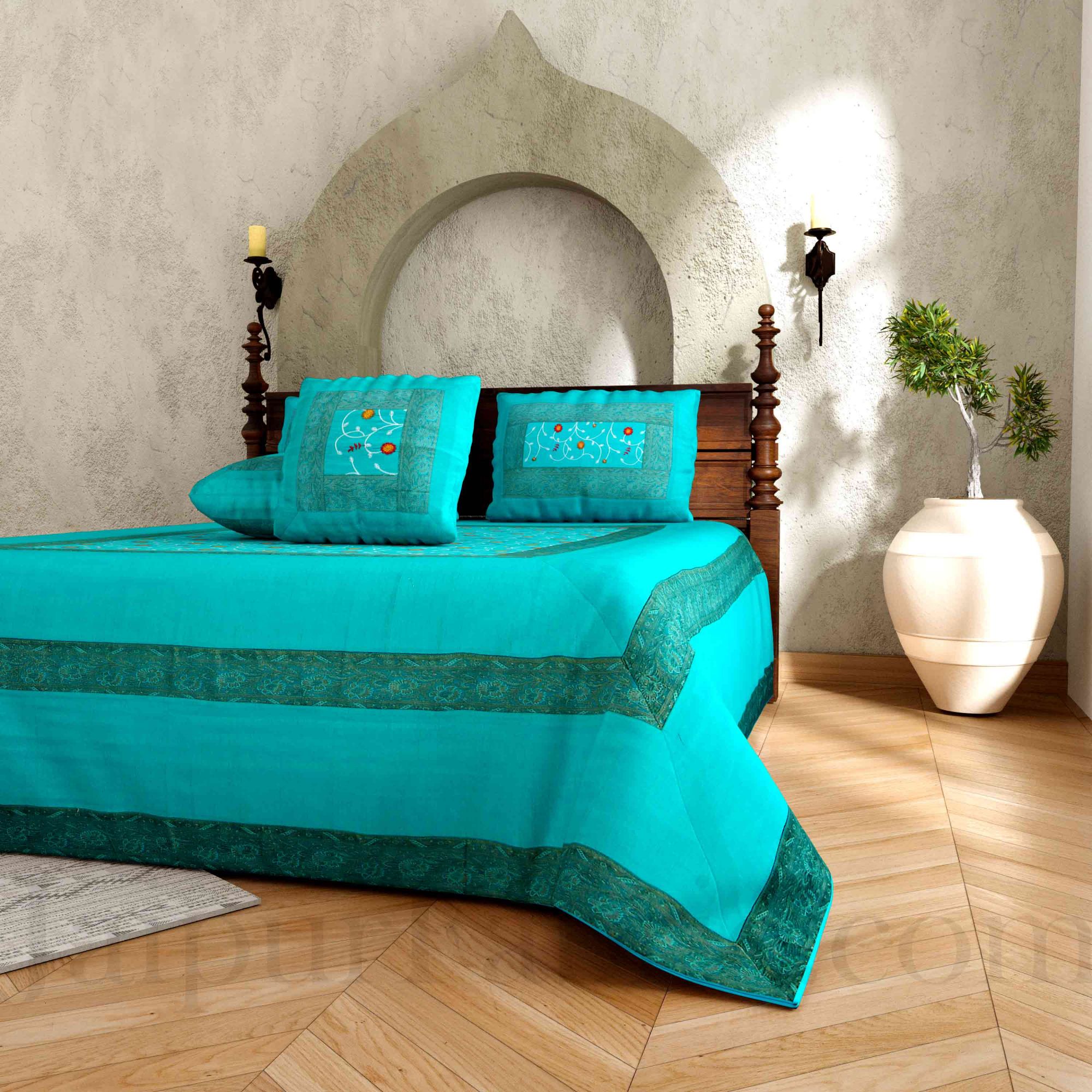 Firozi Base With Zari  Border Silk Embroidery And Silk  Double Bedsheet