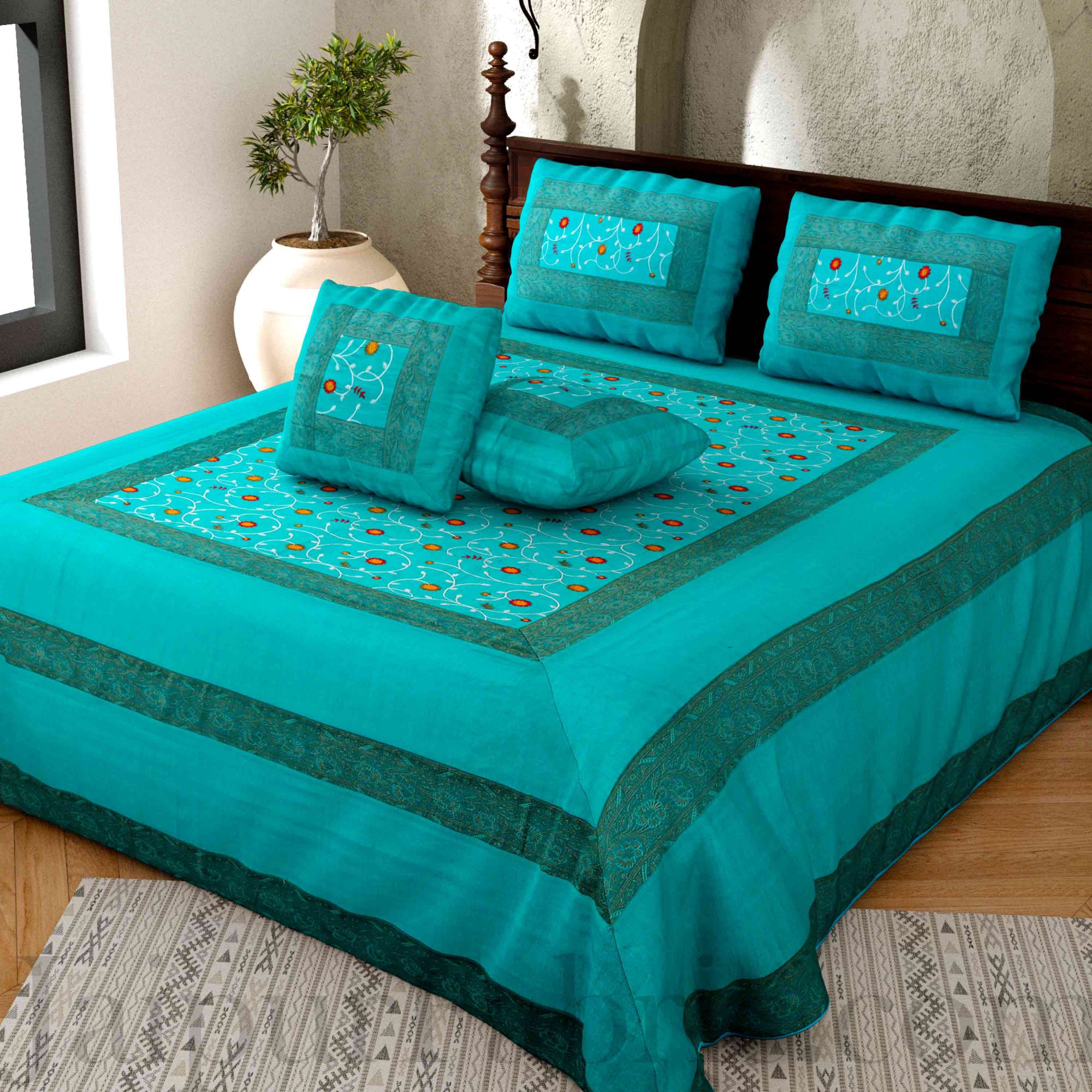 Firozi Base With Zari  Border Silk Embroidery And Silk  Double Bedsheet