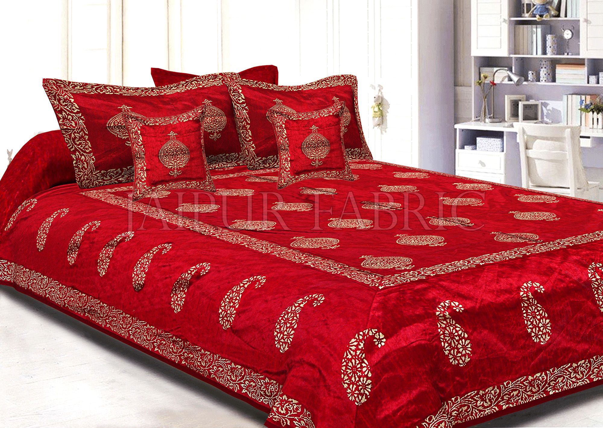 Maroon Base Khadi  Print Hand Block Work Silk Double  Bedsheet