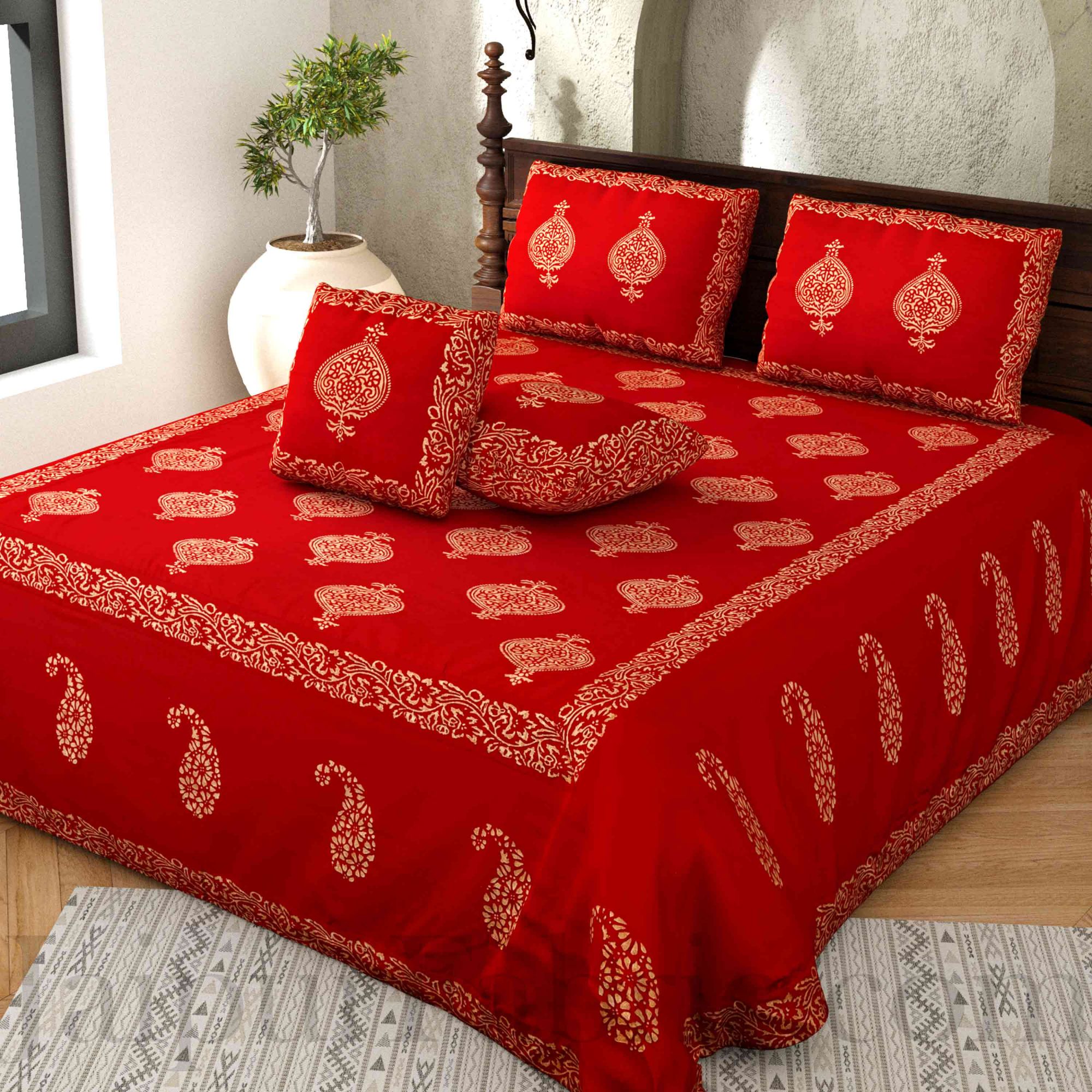 Maroon Base Khadi  Print Hand Block Work Silk Double  Bedsheet